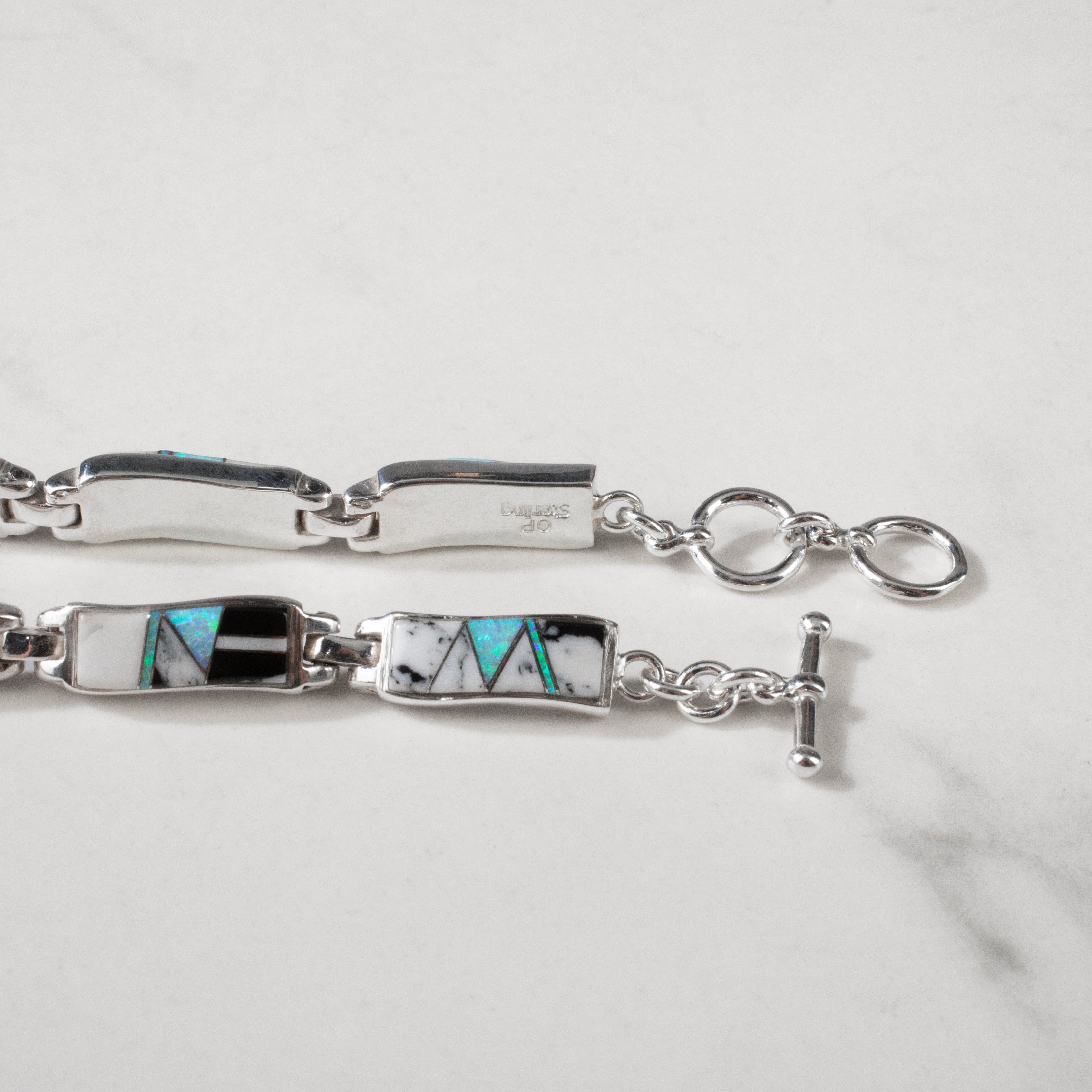 Kalifano Southwest Silver Jewelry White Buffalo Turquoise Wavy 925 Sterling Silver Bracelet USA Handmade with Opal Accent NMB.0764.WB