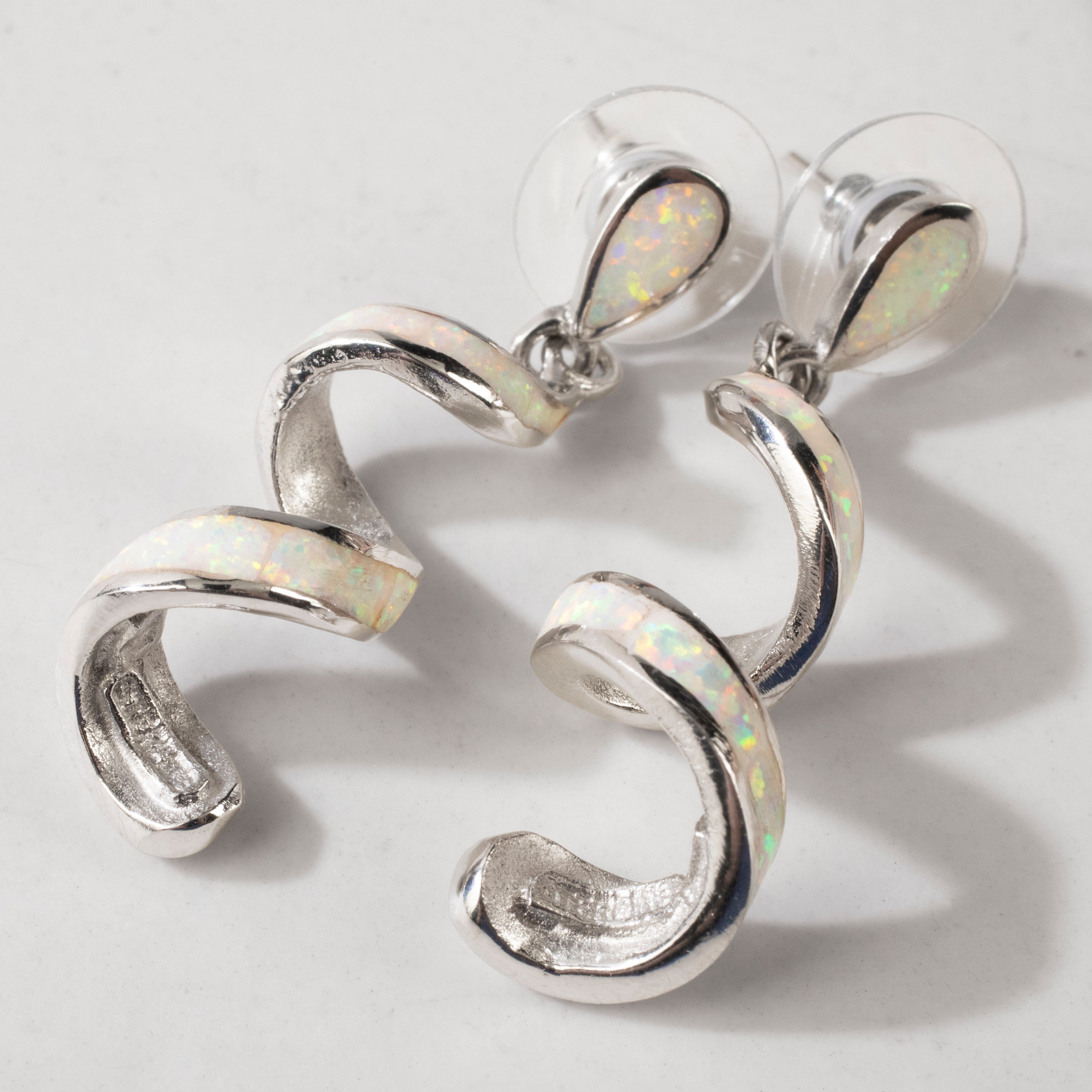 Kalifano Southwest Silver Jewelry White Opal Spiral 925 Sterling Silver USA Handmade Earrings with Stud Backing NME.0416.WO