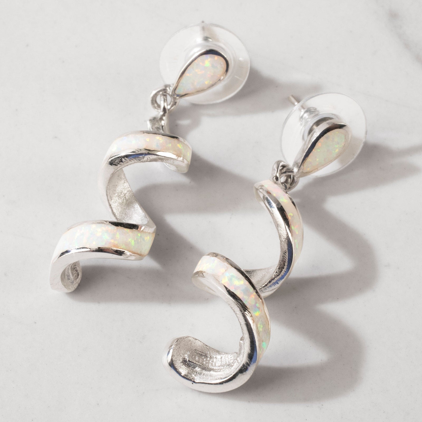 Kalifano Southwest Silver Jewelry White Opal Spiral 925 Sterling Silver USA Handmade Earrings with Stud Backing NME.0416.WO