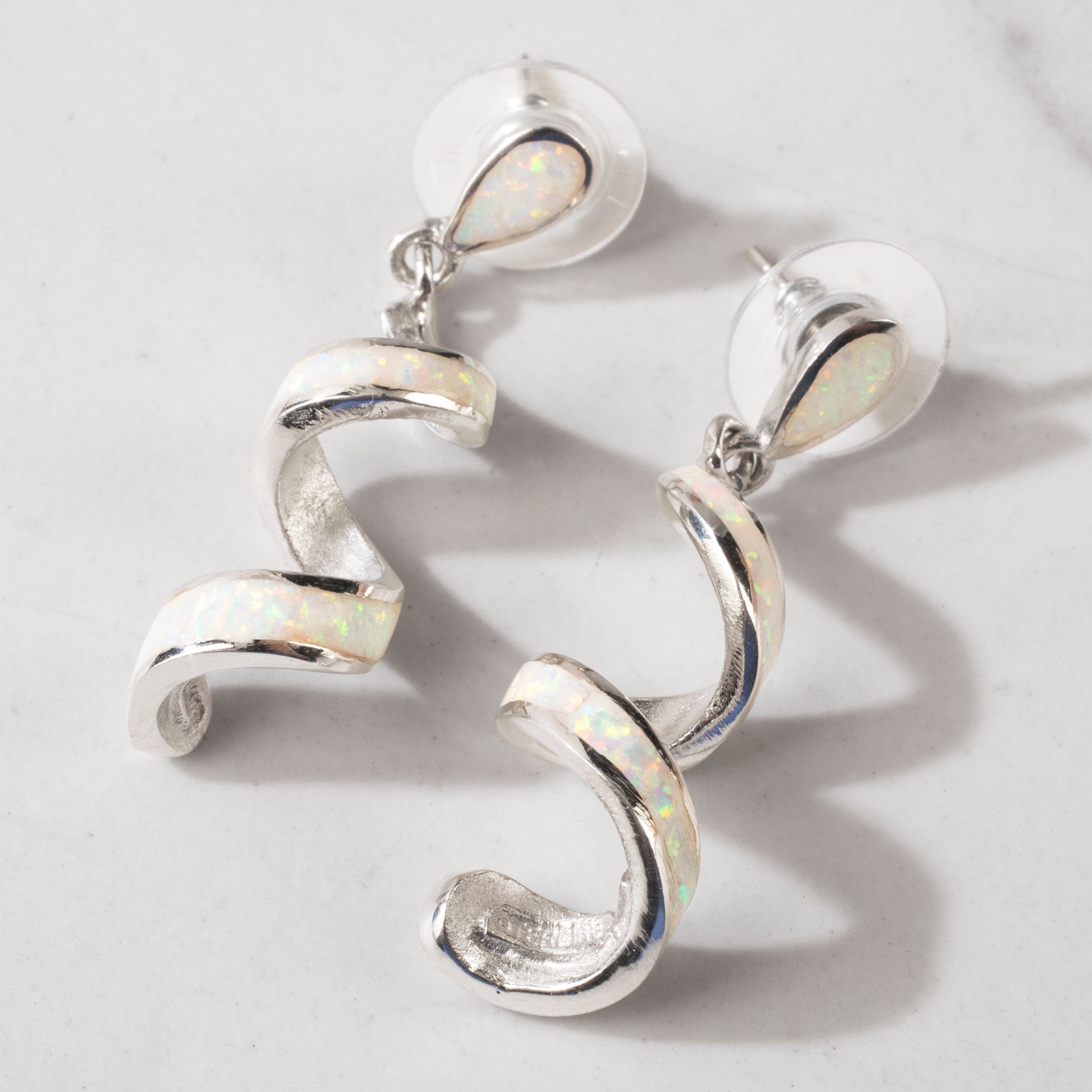 Kalifano Southwest Silver Jewelry White Opal Spiral 925 Sterling Silver USA Handmade Earrings with Stud Backing NME.0416.WO