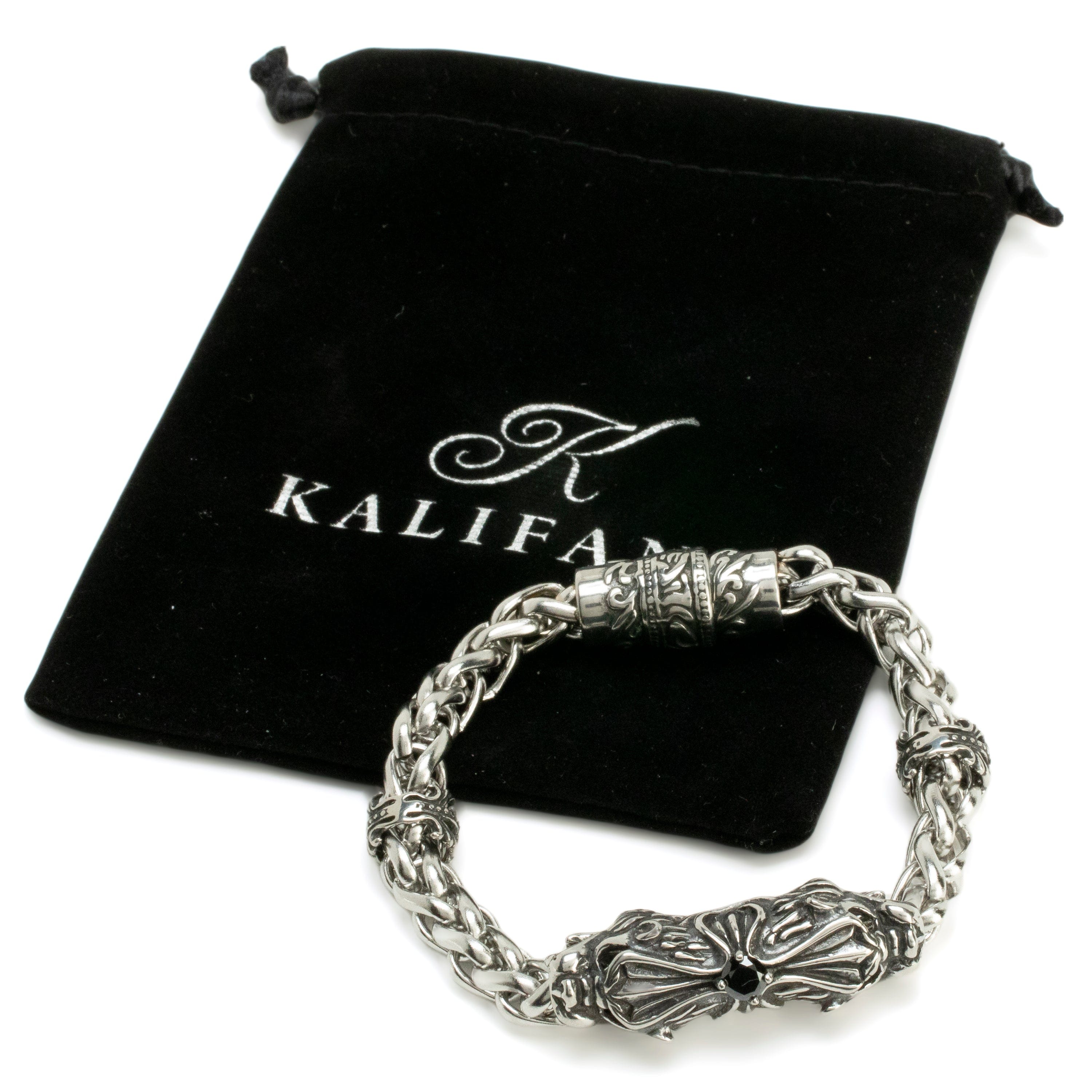 Kalifano Stainless Steel Bracelets Stainless Steel Bracelet with Cross & Black Crystal PLAT-BSS-05