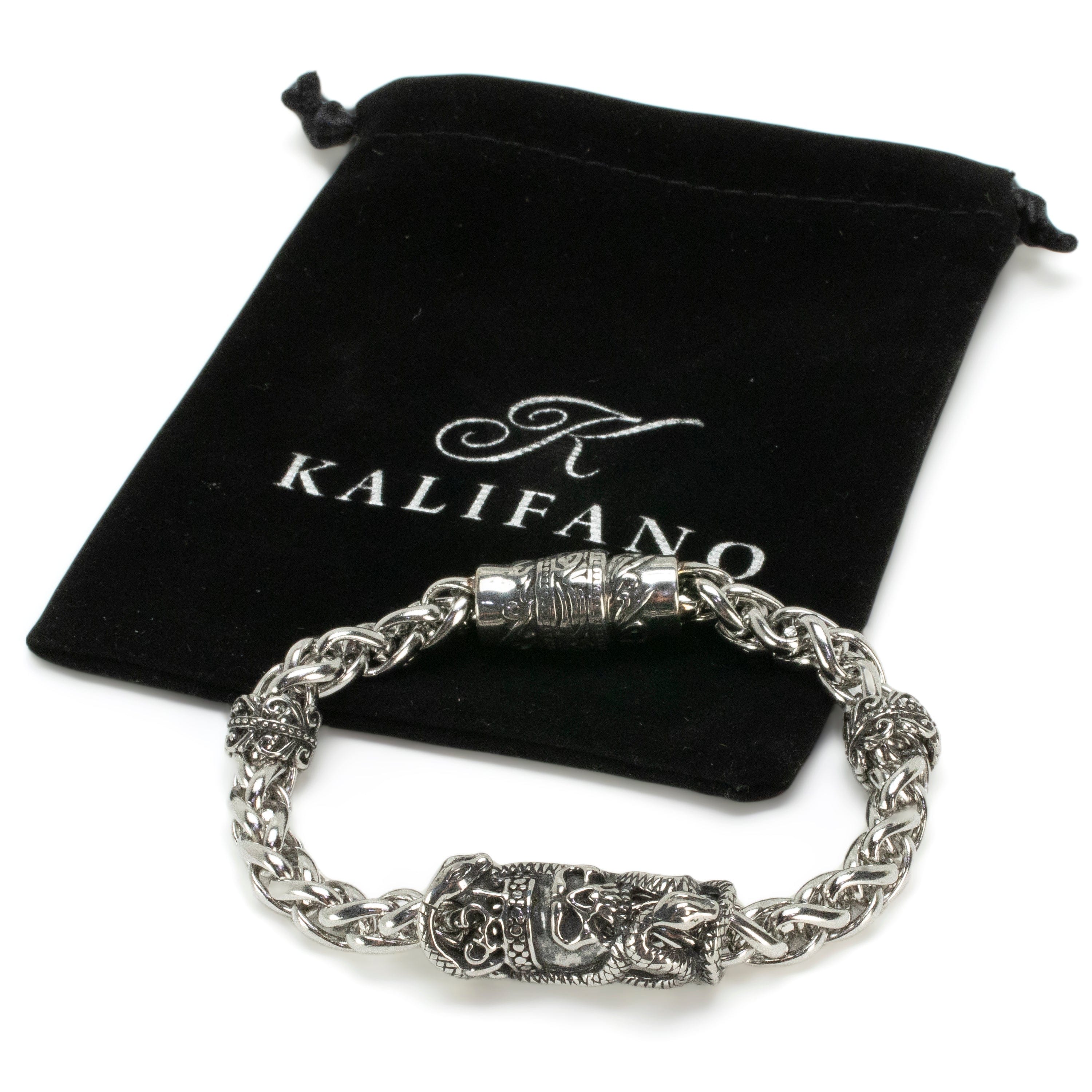 Kalifano Stainless Steel Bracelets Stainless Steel Bracelet with Skulls and Snakes PLAT-BSS-10