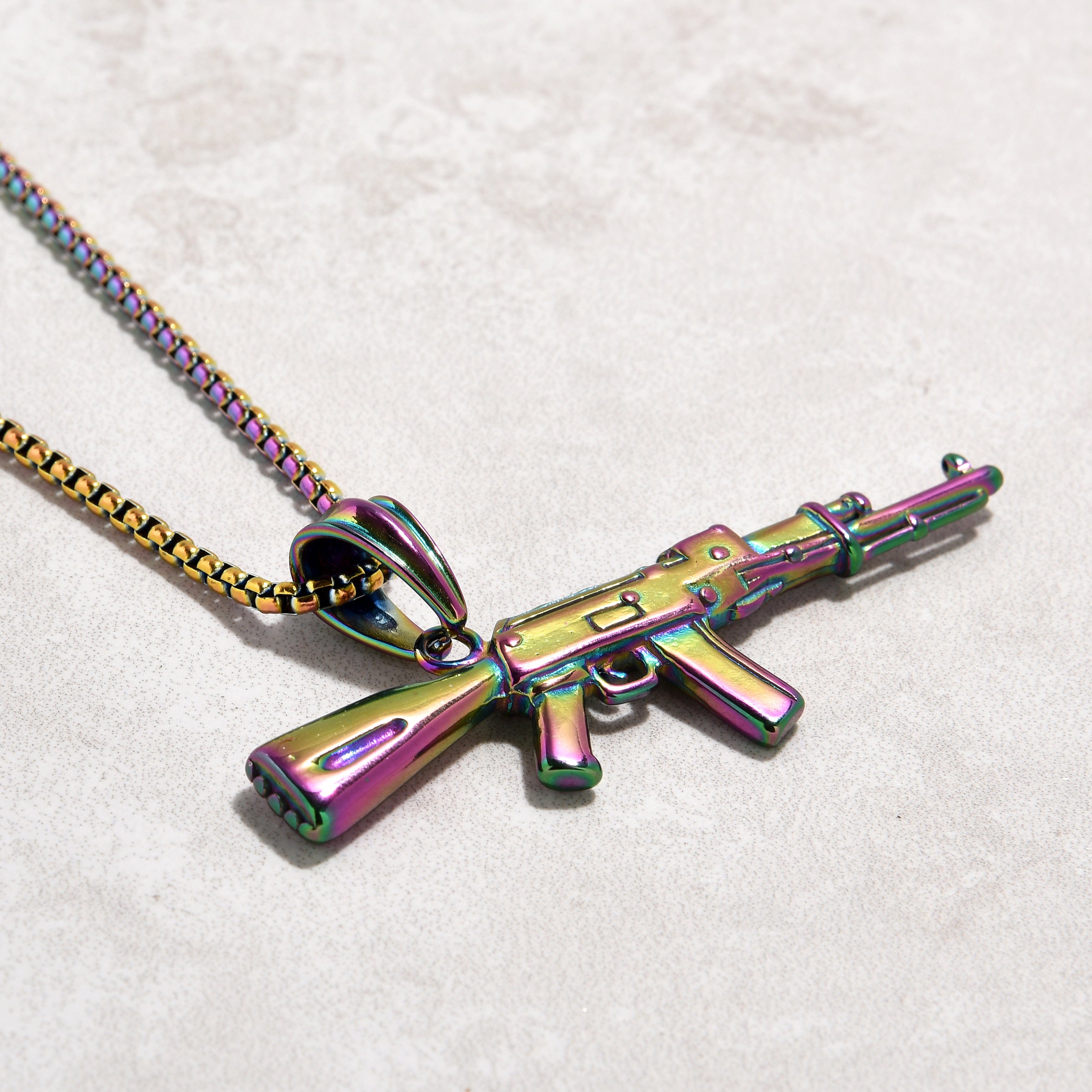 Kalifano Steel Hearts Jewelry Aurora Borealis AK-47 Gun Steel Hearts Necklace SHN518-AB