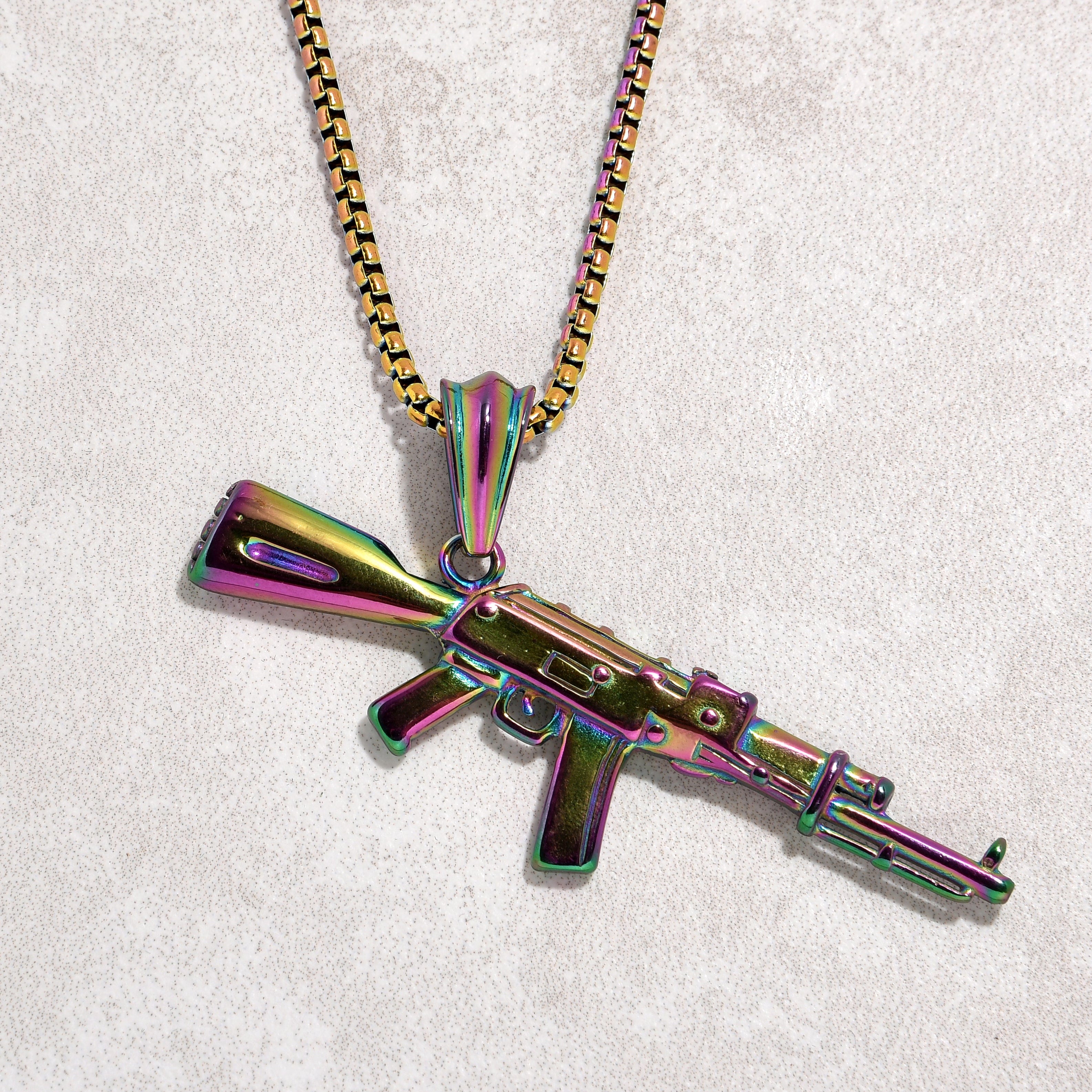 Kalifano Steel Hearts Jewelry Aurora Borealis AK-47 Gun Steel Hearts Necklace SHN518-AB