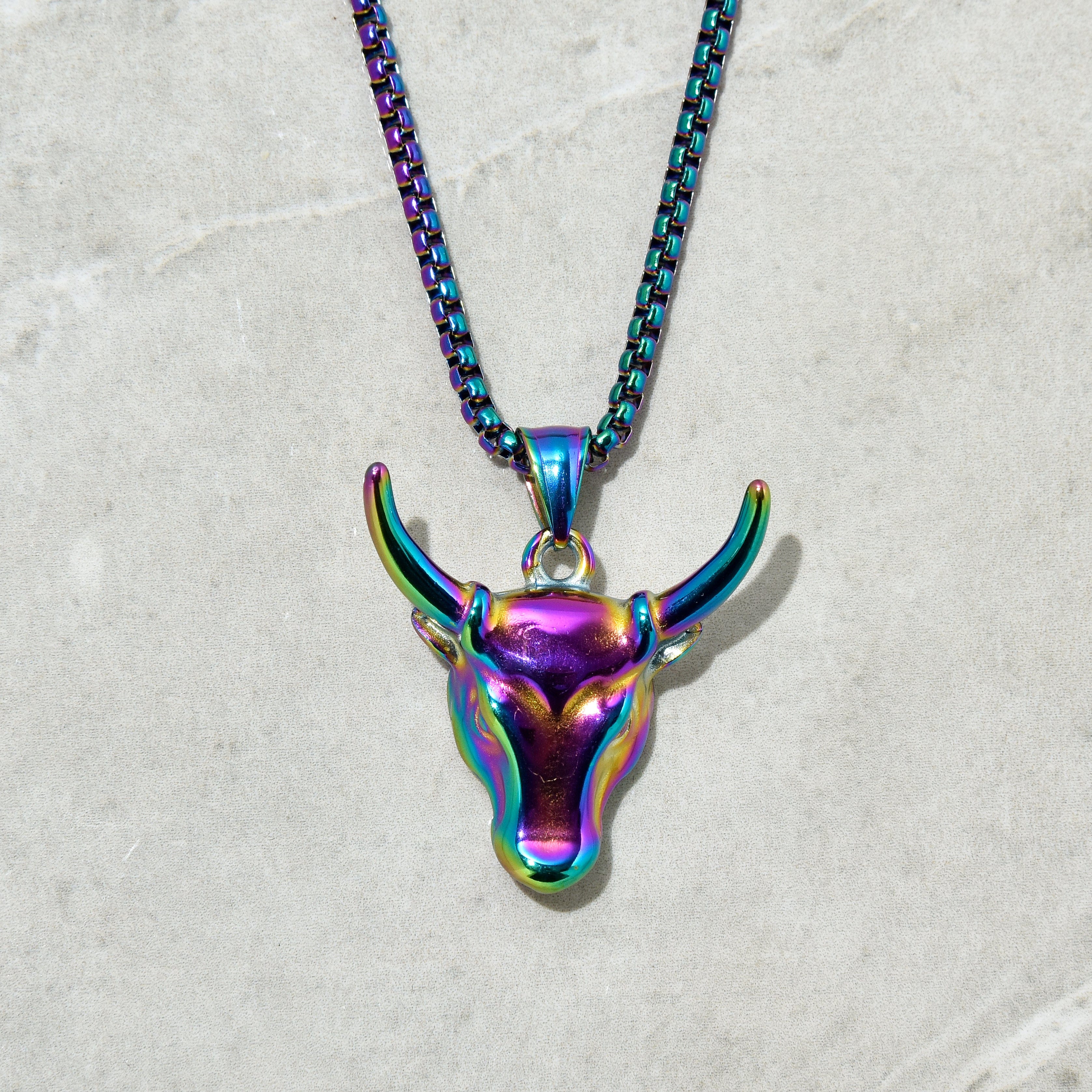 Kalifano Steel Hearts Jewelry Aurora Borealis Bull Head Steel Hearts Necklace SHN517-AB