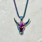 Aurora Borealis Bull Head Steel Hearts Necklace