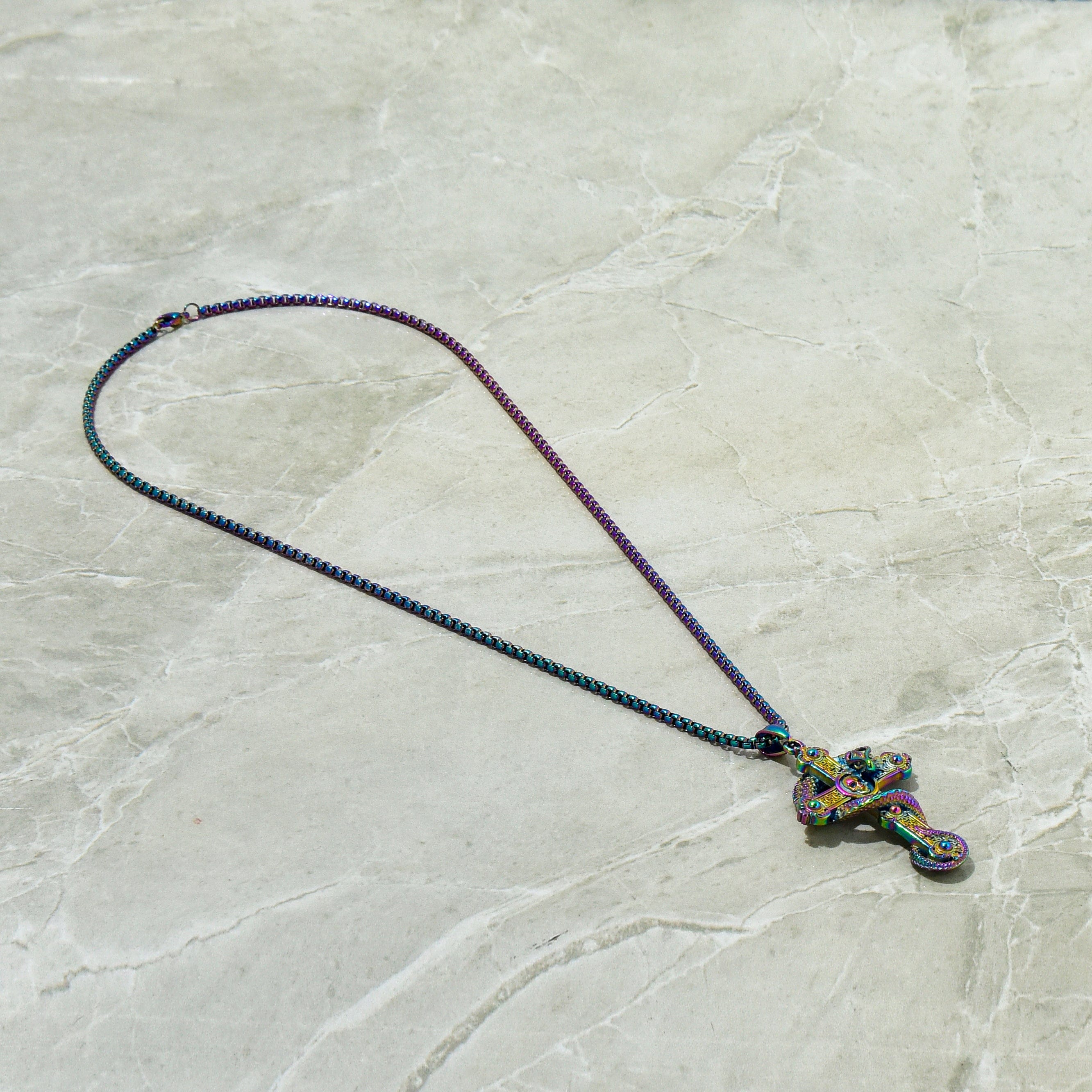 Kalifano Steel Hearts Jewelry Aurora Borealis Dragon Cross Steel Hearts Necklace SHN515-AB