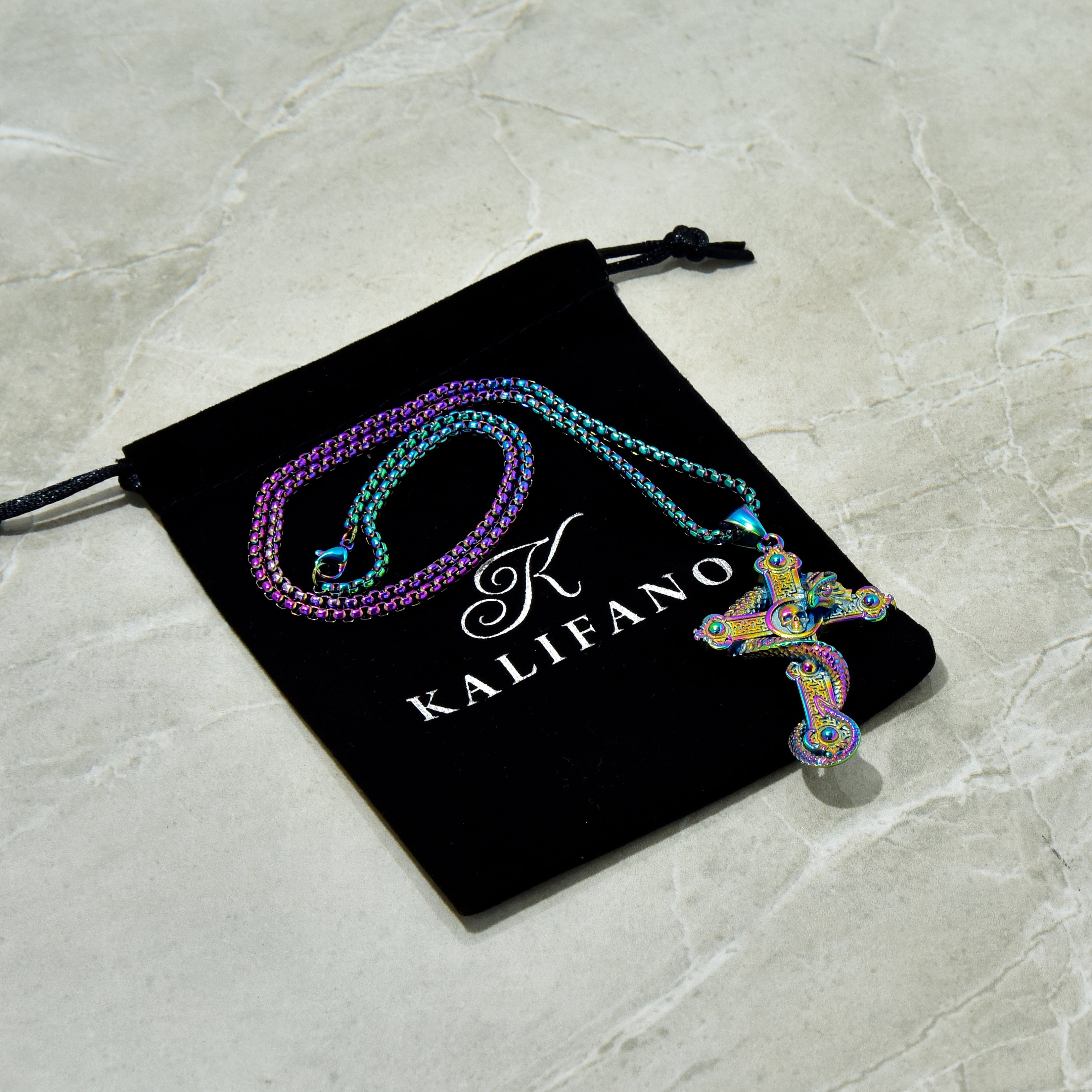 Kalifano Steel Hearts Jewelry Aurora Borealis Dragon Cross Steel Hearts Necklace SHN515-AB