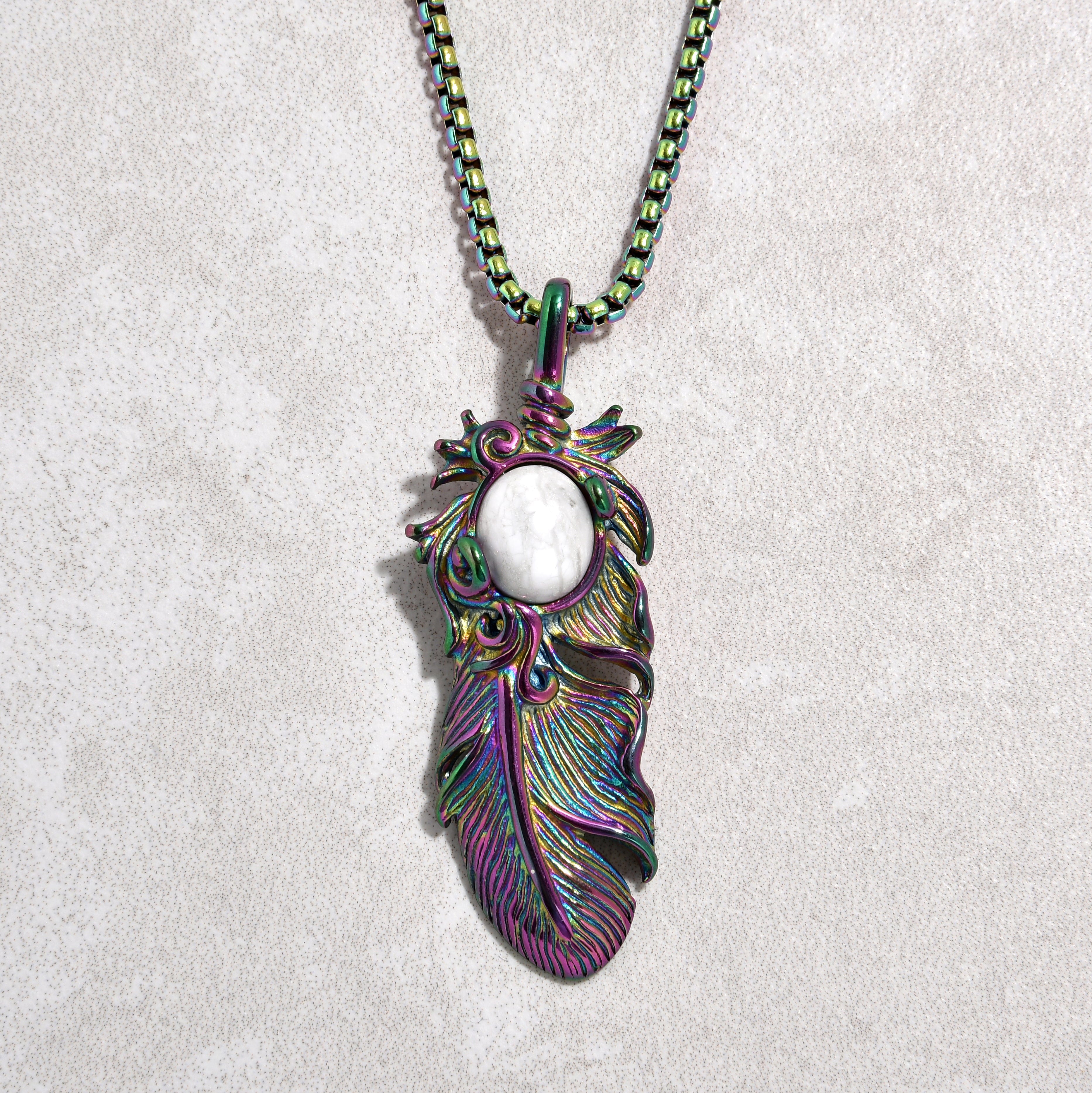 Kalifano Steel Hearts Jewelry Aurora Borealis Howlite Feather Steel Hearts Necklace SHN512AB-HT