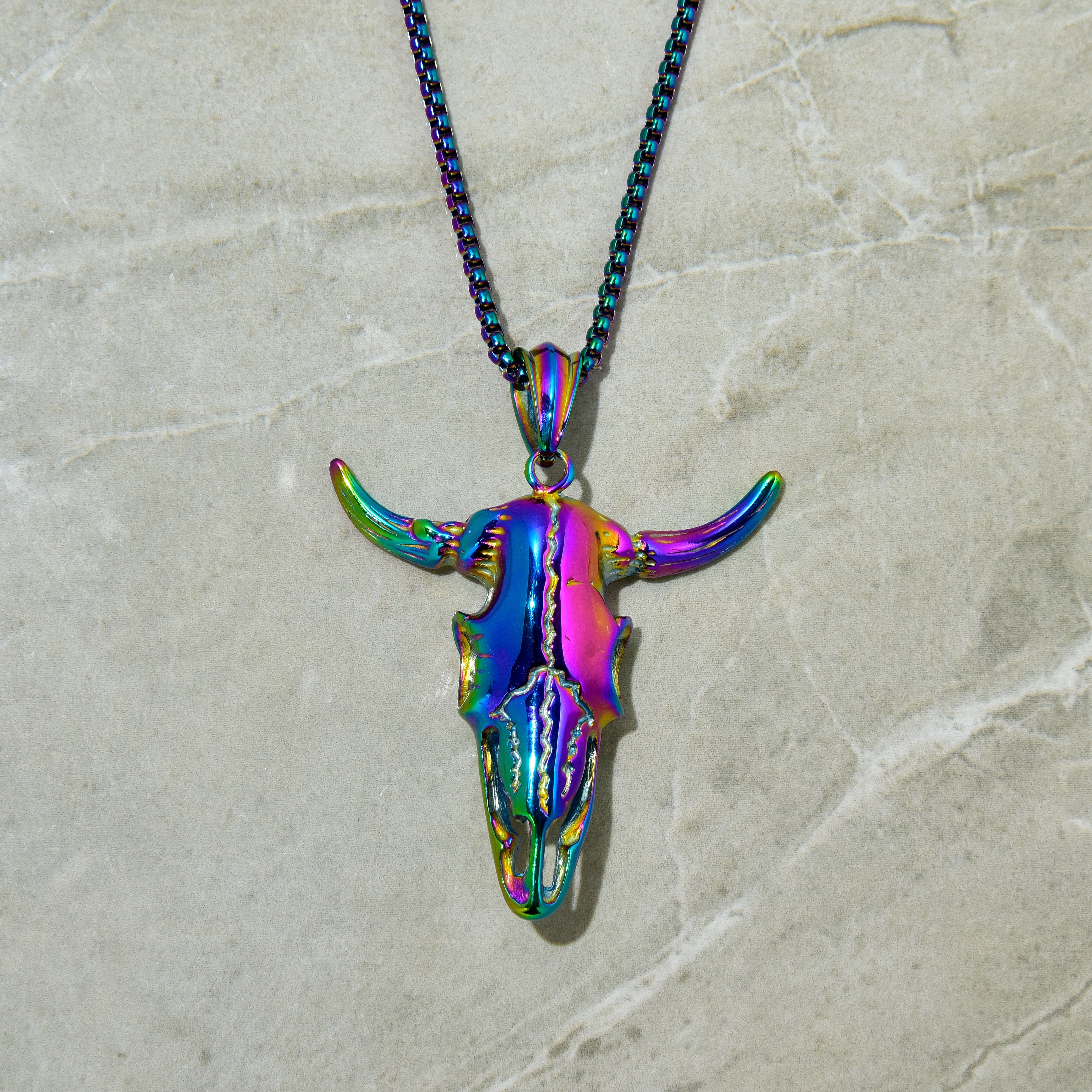 Aurora Borealis Large Bull Skull Steel Hearts Necklace