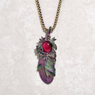 Aurora Borealis Pink Tiger Eye Feather Steel Hearts Necklace