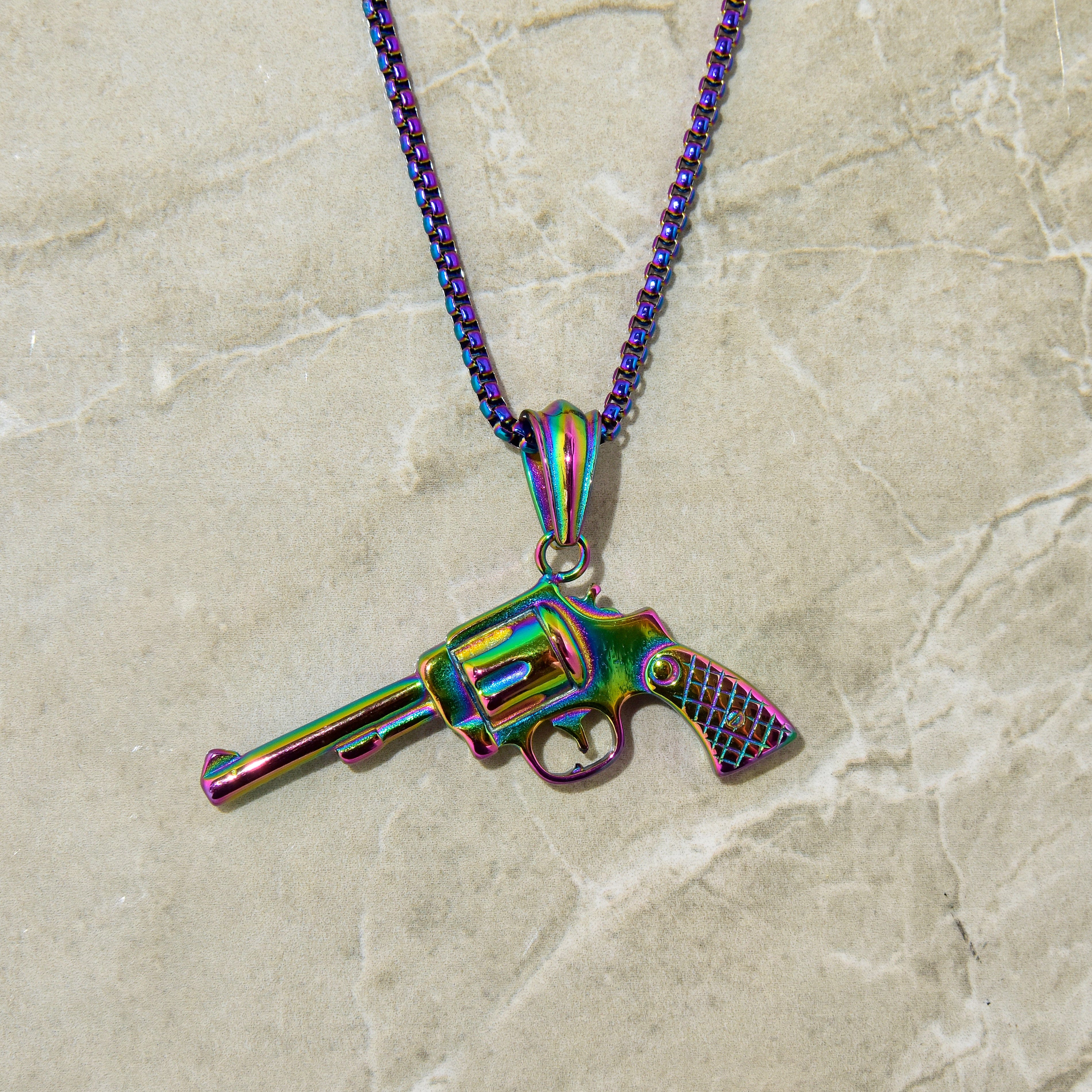 Kalifano Steel Hearts Jewelry Aurora Borealis Revolver gun Steel Hearts Necklace SHN524-AB