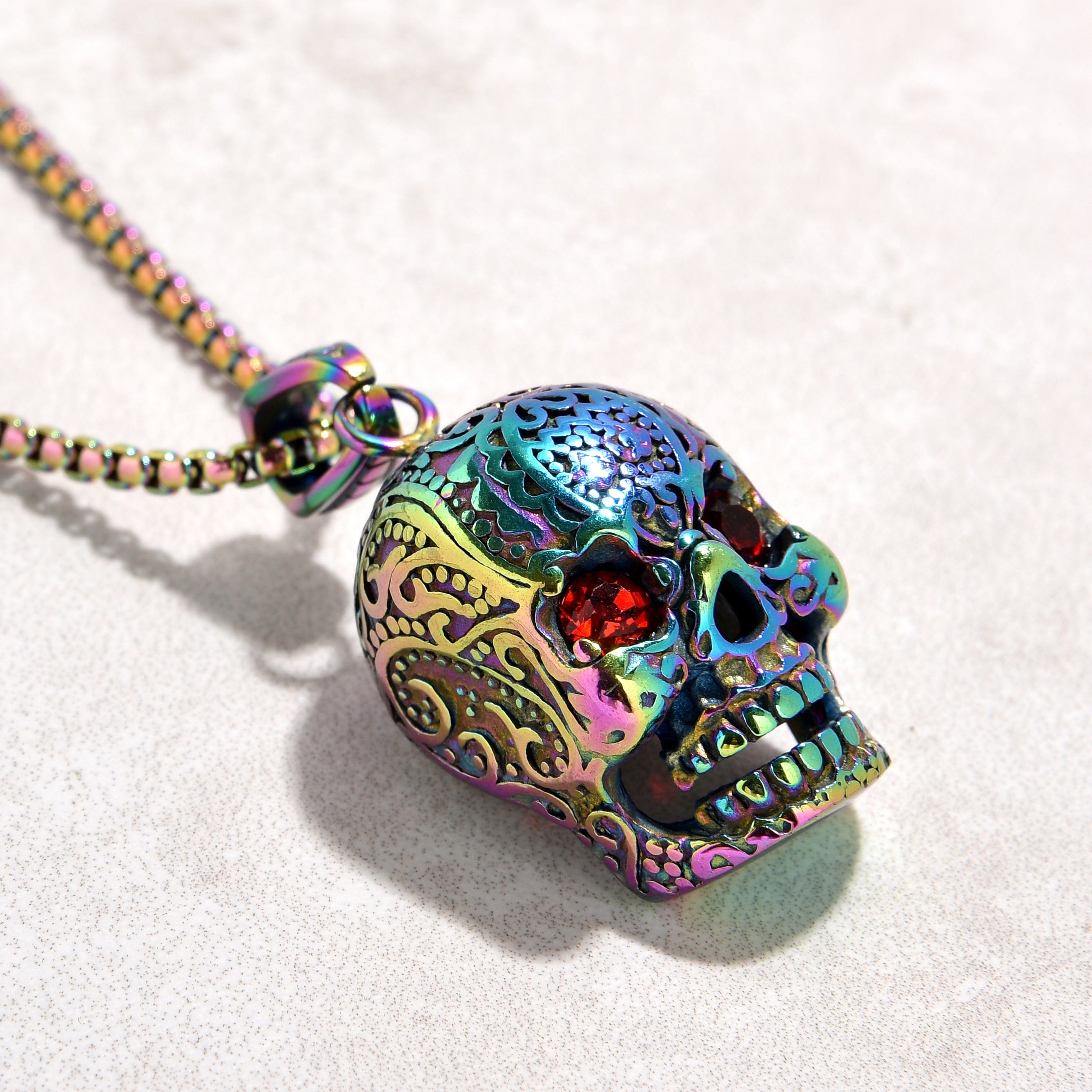 Kalifano Steel Hearts Jewelry Aurora Borealis Skull Steel Hearts Necklace SHN527-AB-R