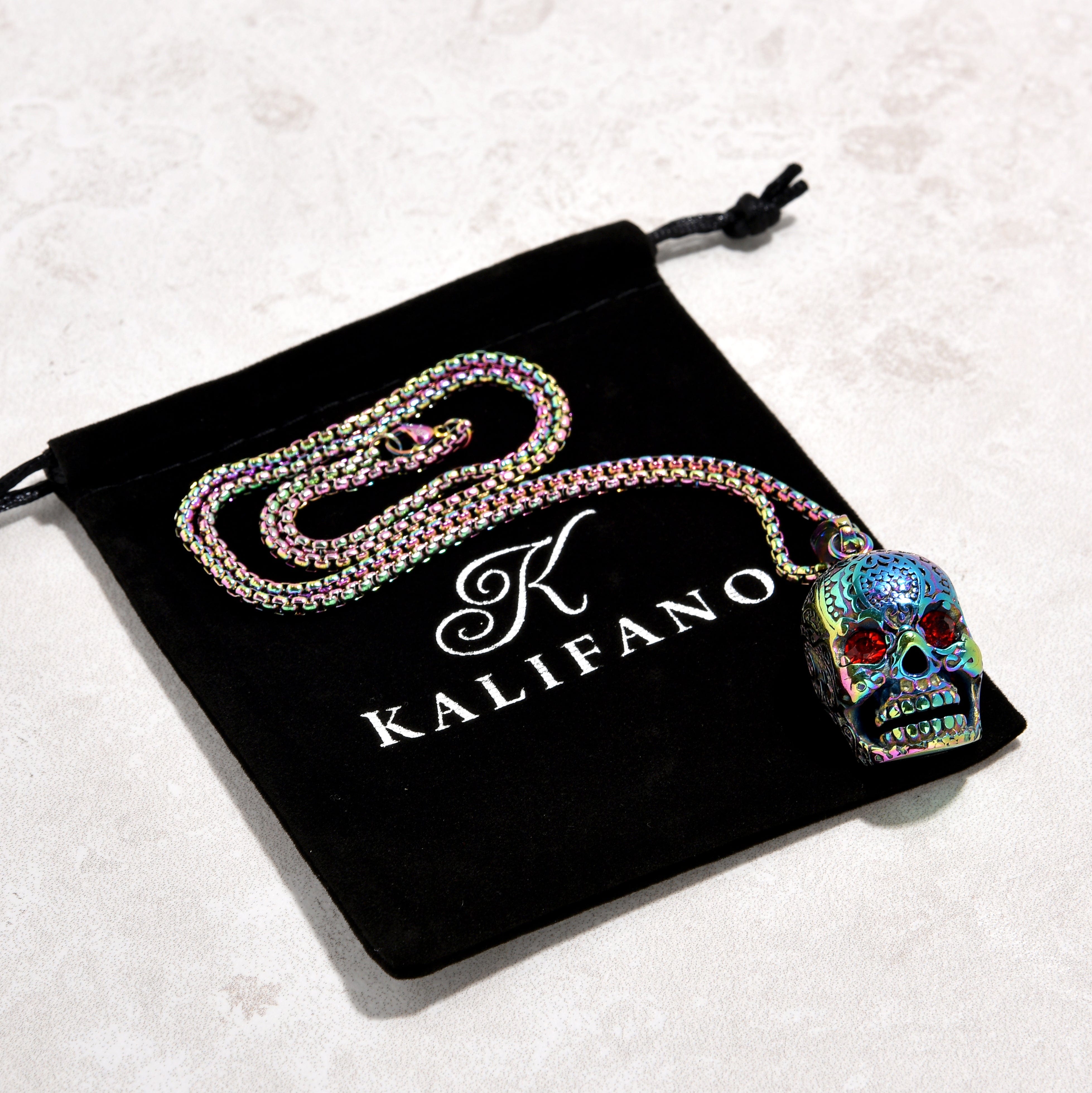 Kalifano Steel Hearts Jewelry Aurora Borealis Skull Steel Hearts Necklace SHN527-AB-R