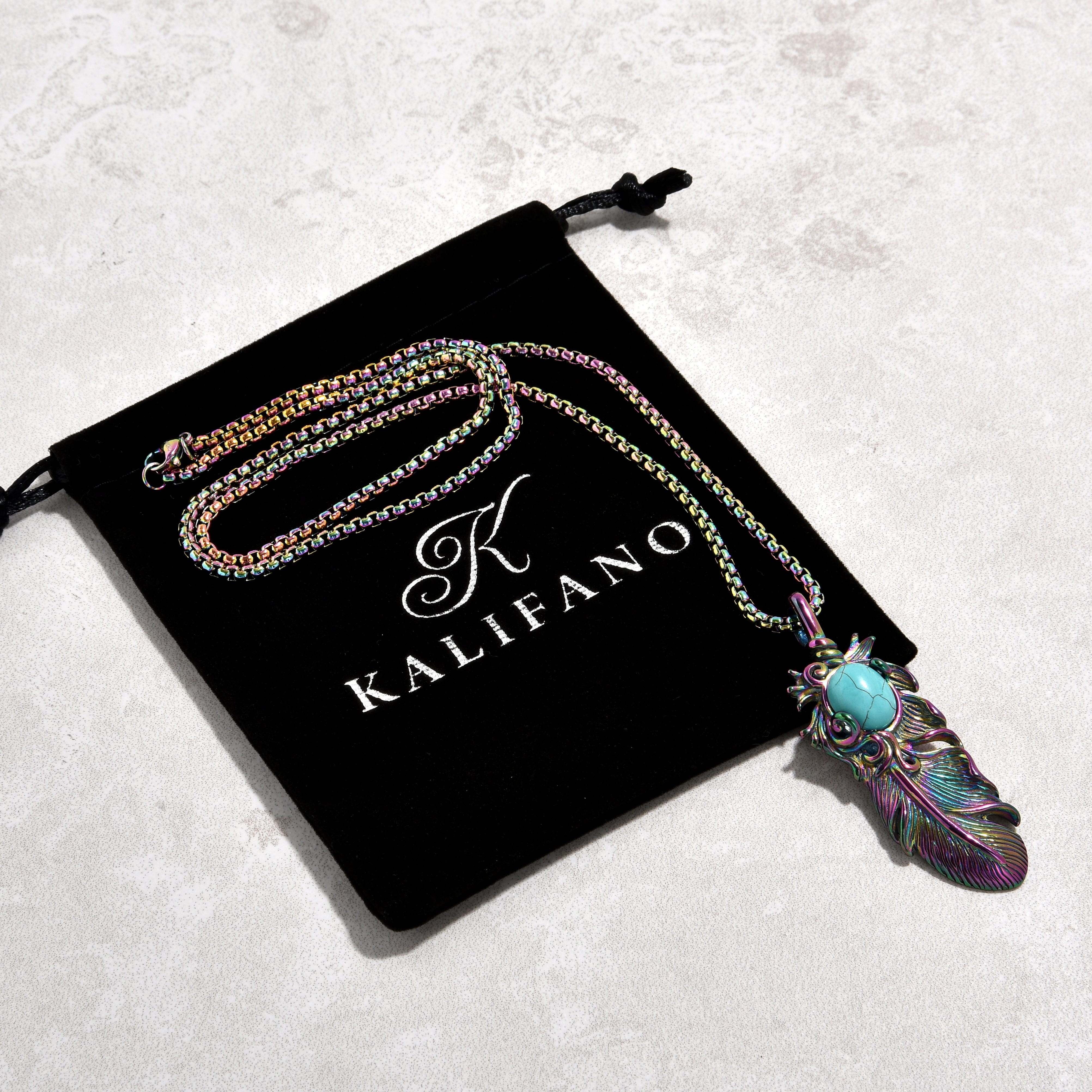 Kalifano Steel Hearts Jewelry Aurora Borealis Turquoise Feather Steel Hearts Necklace SHN512AB-TQ