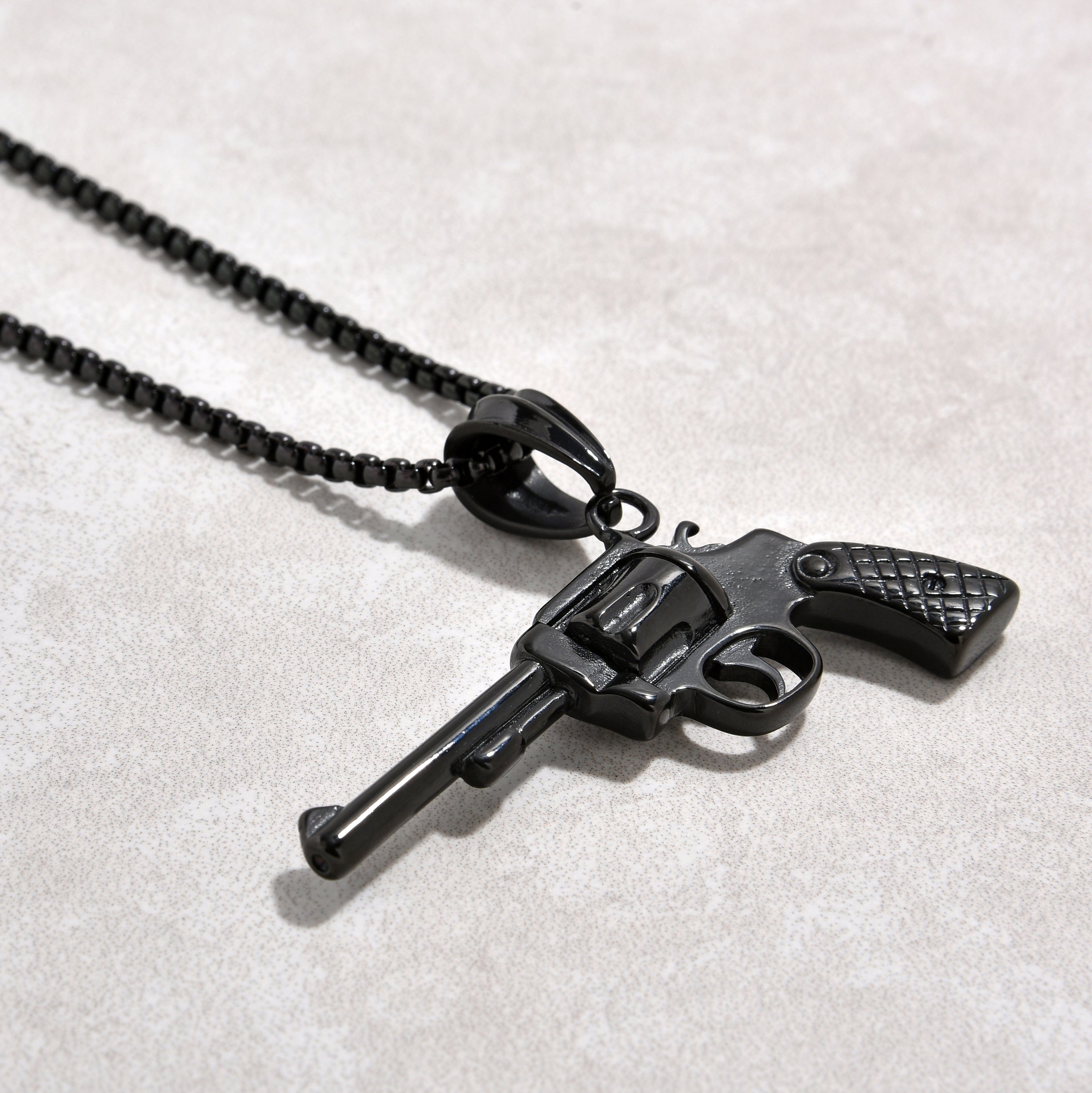 Kalifano Steel Hearts Jewelry Black Revolver gun Steel Hearts Necklace SHN524-B