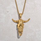Gold Large Bull Skull Steel Hearts Necklace