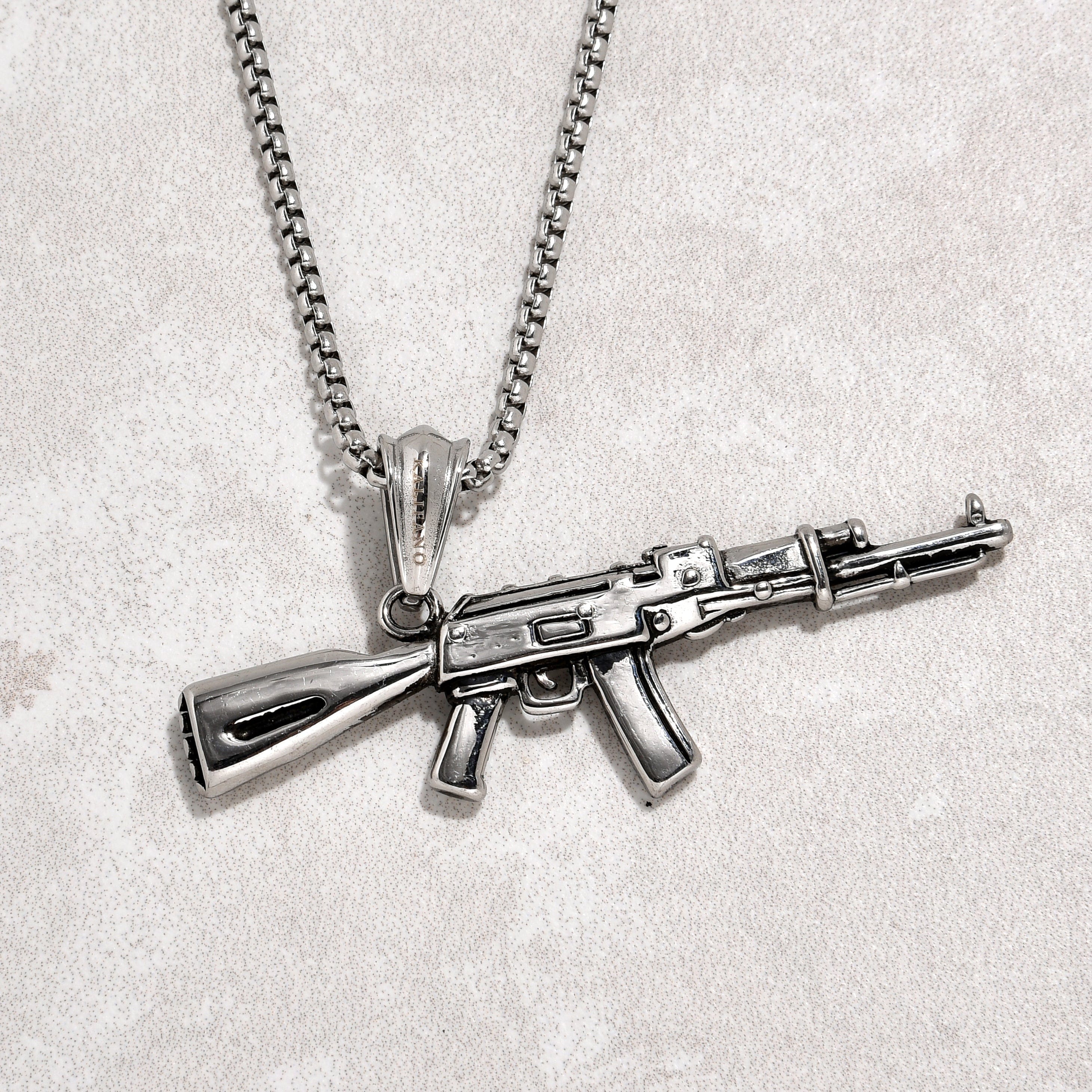 Kalifano Steel Hearts Jewelry Silver AK-47 Gun Steel Hearts Necklace SHN518-S