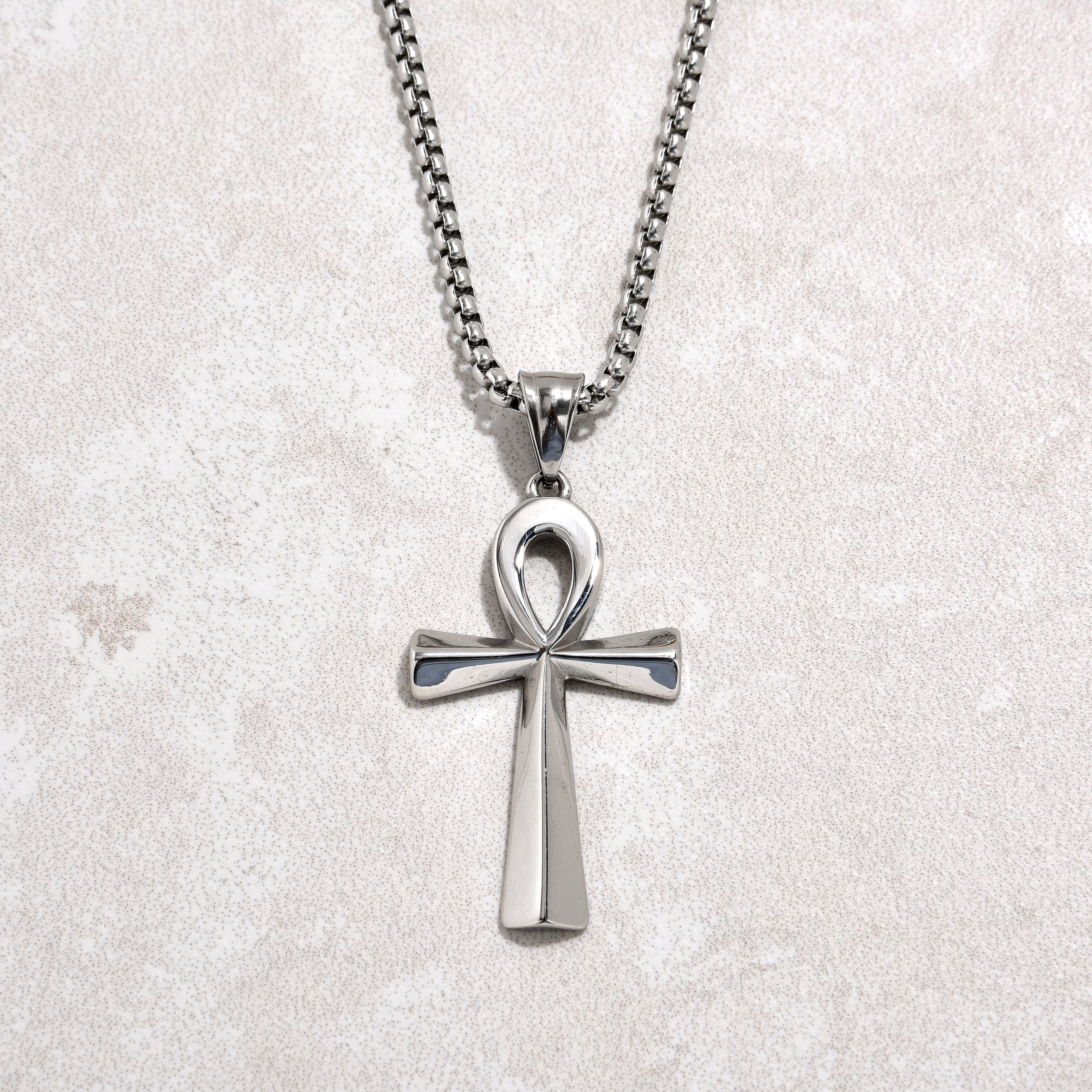 Kalifano Steel Hearts Jewelry Silver Ankh Cross Steel Hearts Necklace SHN505-S