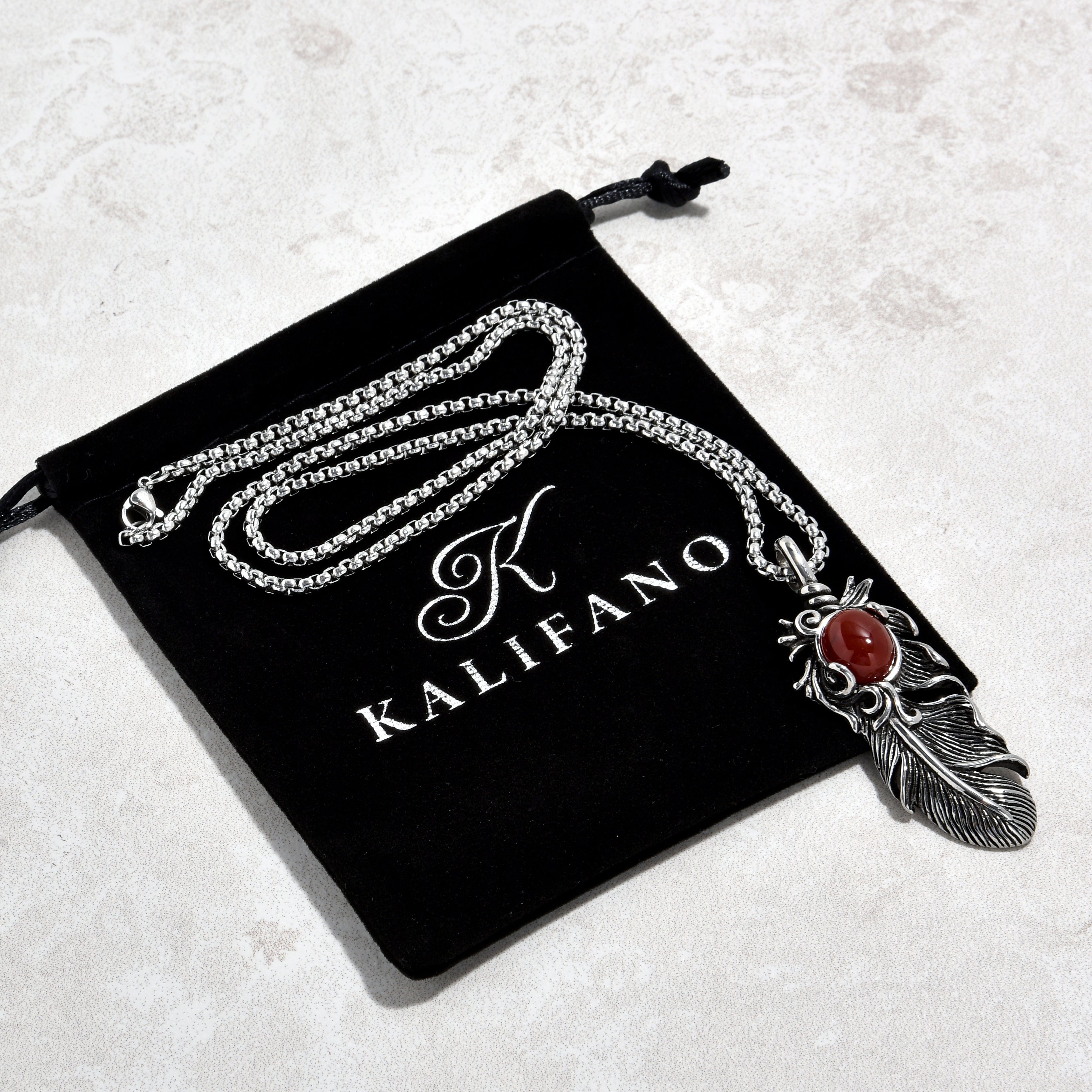 Kalifano Steel Hearts Jewelry Silver Carnelian Feather Steel Hearts Necklace SHN512S-CR