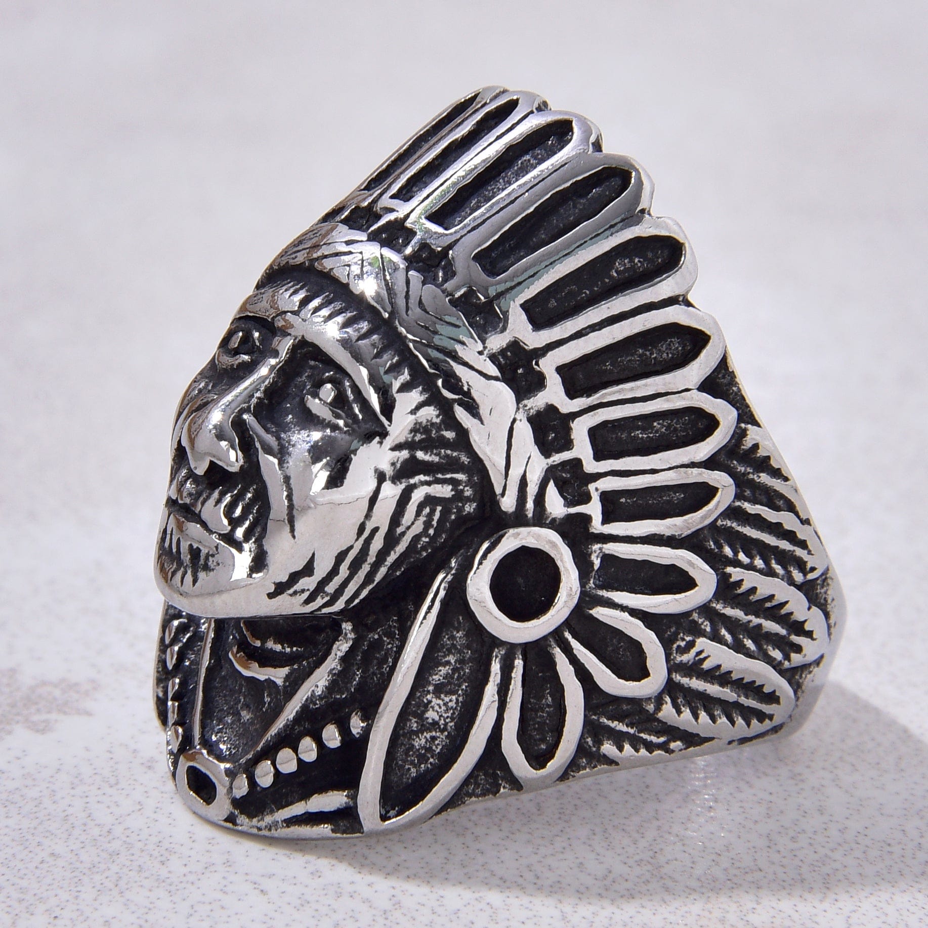 Kalifano Steel Hearts Jewelry Silver Indian Chief Head Steel Hearts Ring