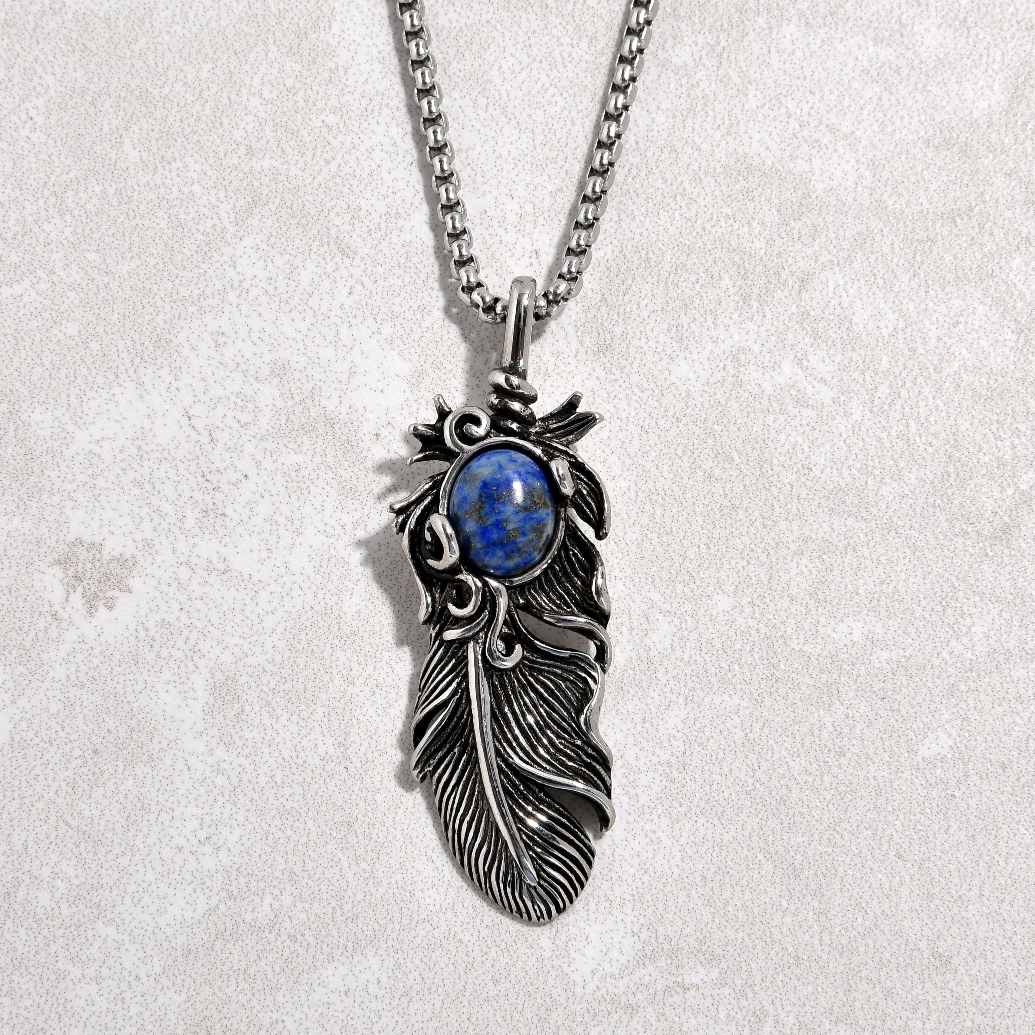 Kalifano Steel Hearts Jewelry Silver Lapis Feather Steel Hearts Necklace SHN512S-LP