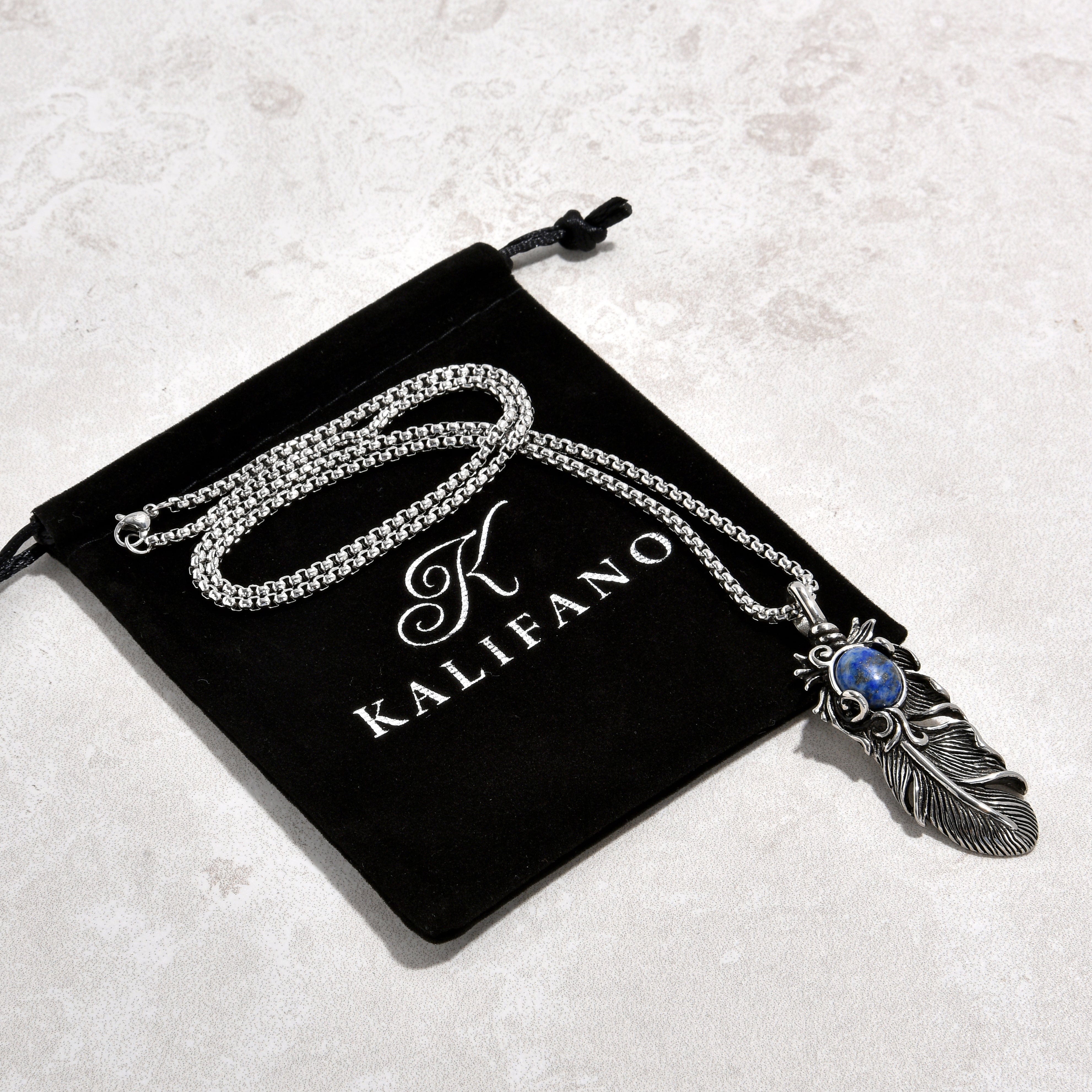 Kalifano Steel Hearts Jewelry Silver Lapis Feather Steel Hearts Necklace SHN512S-LP