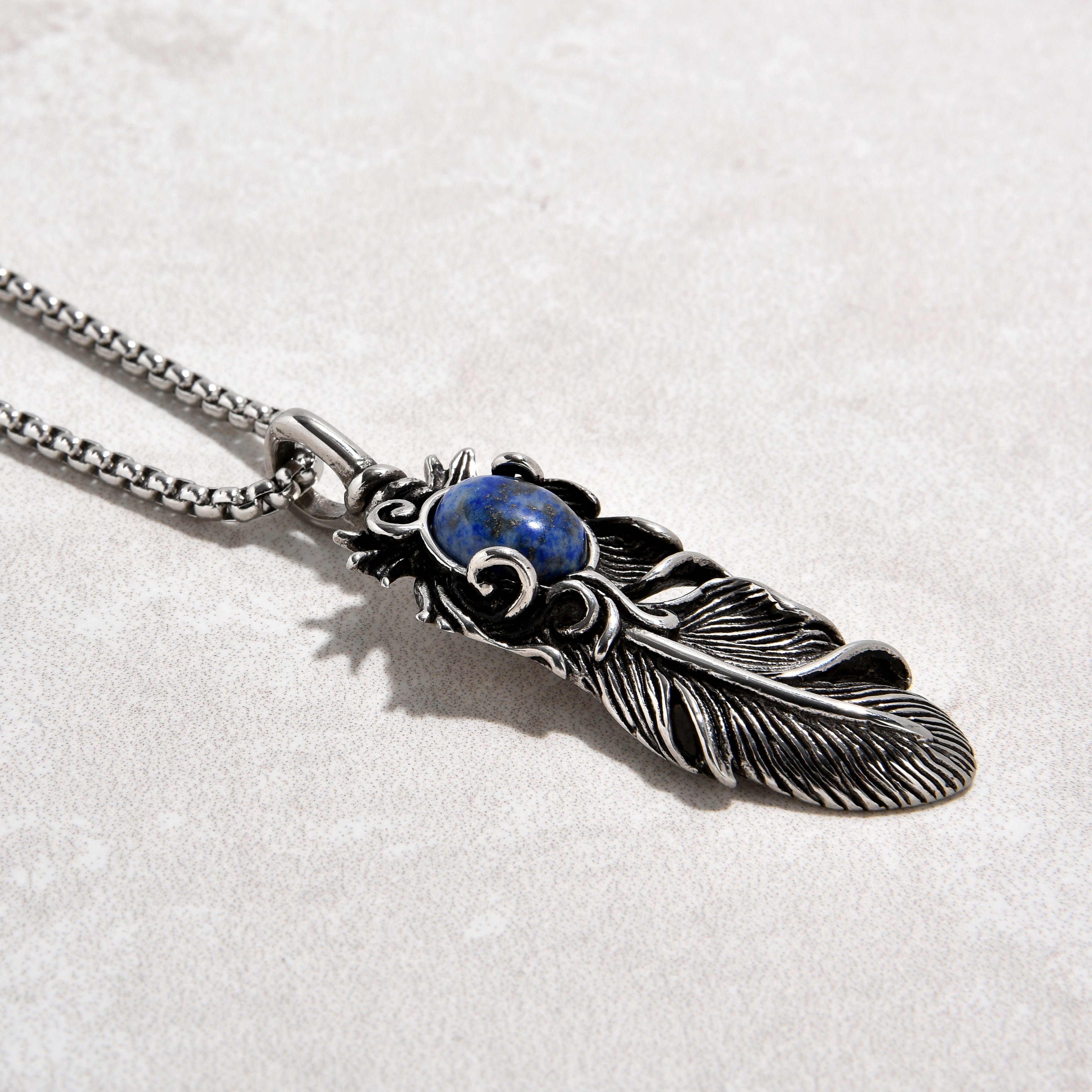 Kalifano Steel Hearts Jewelry Silver Lapis Feather Steel Hearts Necklace SHN512S-LP