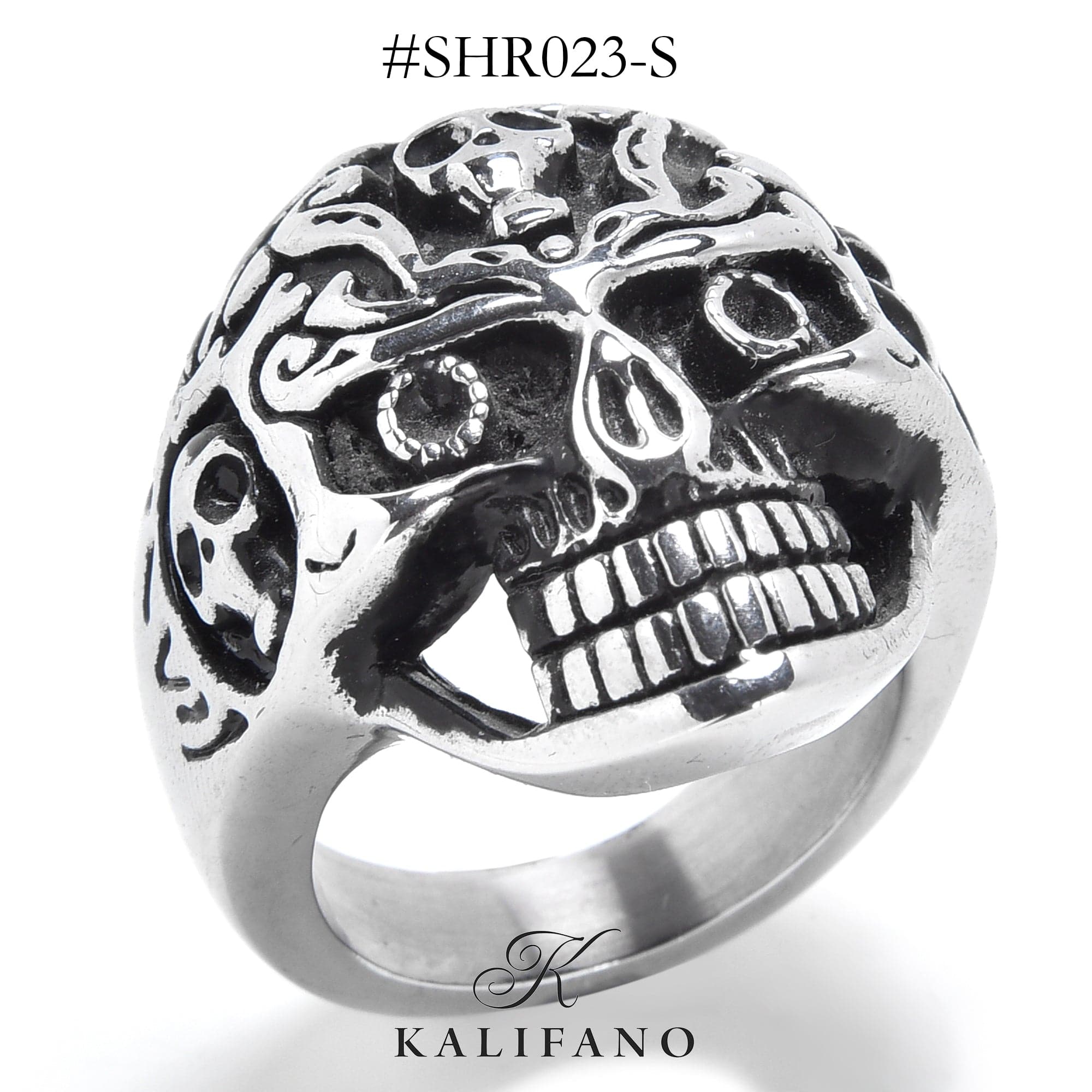 Kalifano Steel Hearts Jewelry Silver Punk Carved Skull Steel Hearts Ring