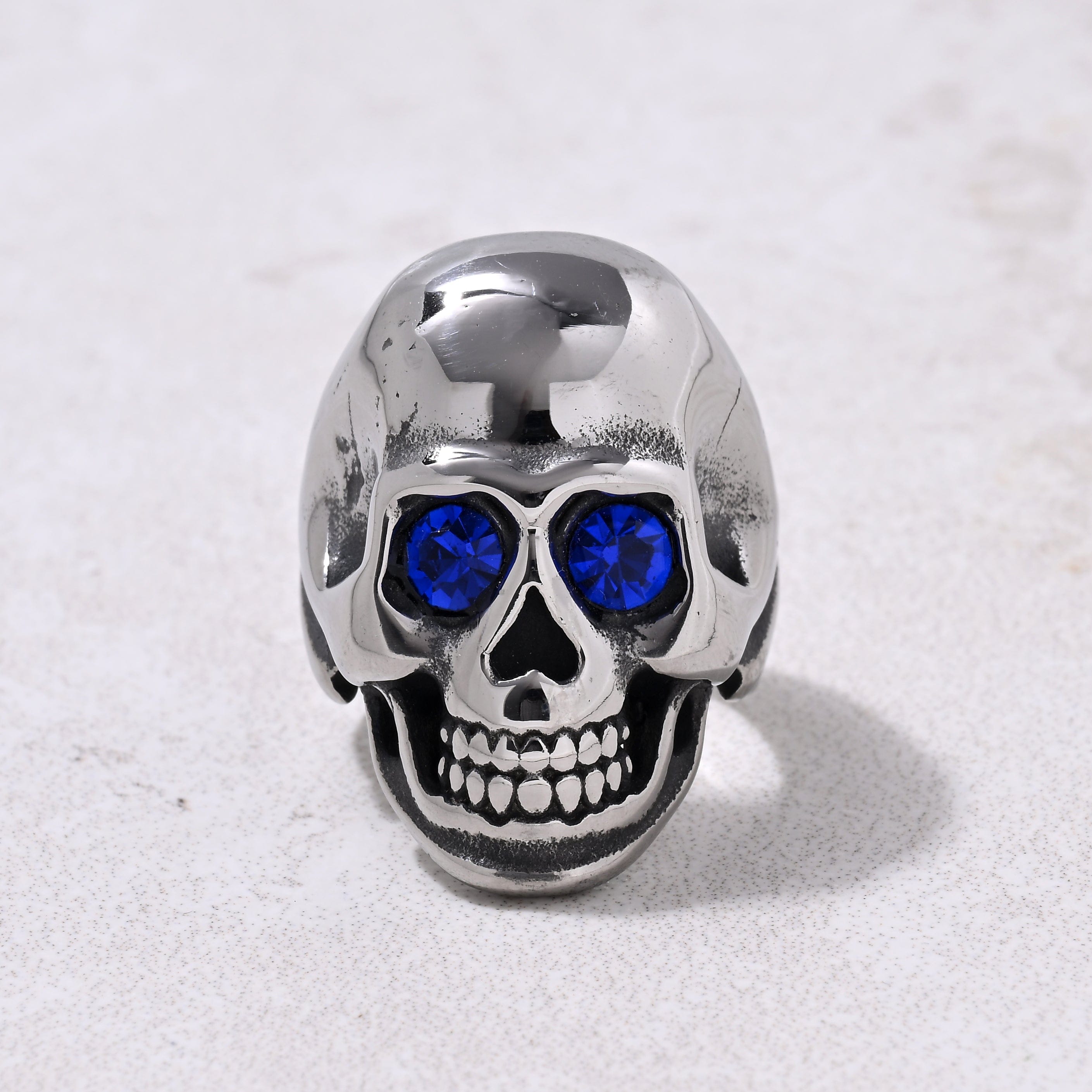 Kalifano Steel Hearts Jewelry Silver Punk Skull Sapphire Glass Ring