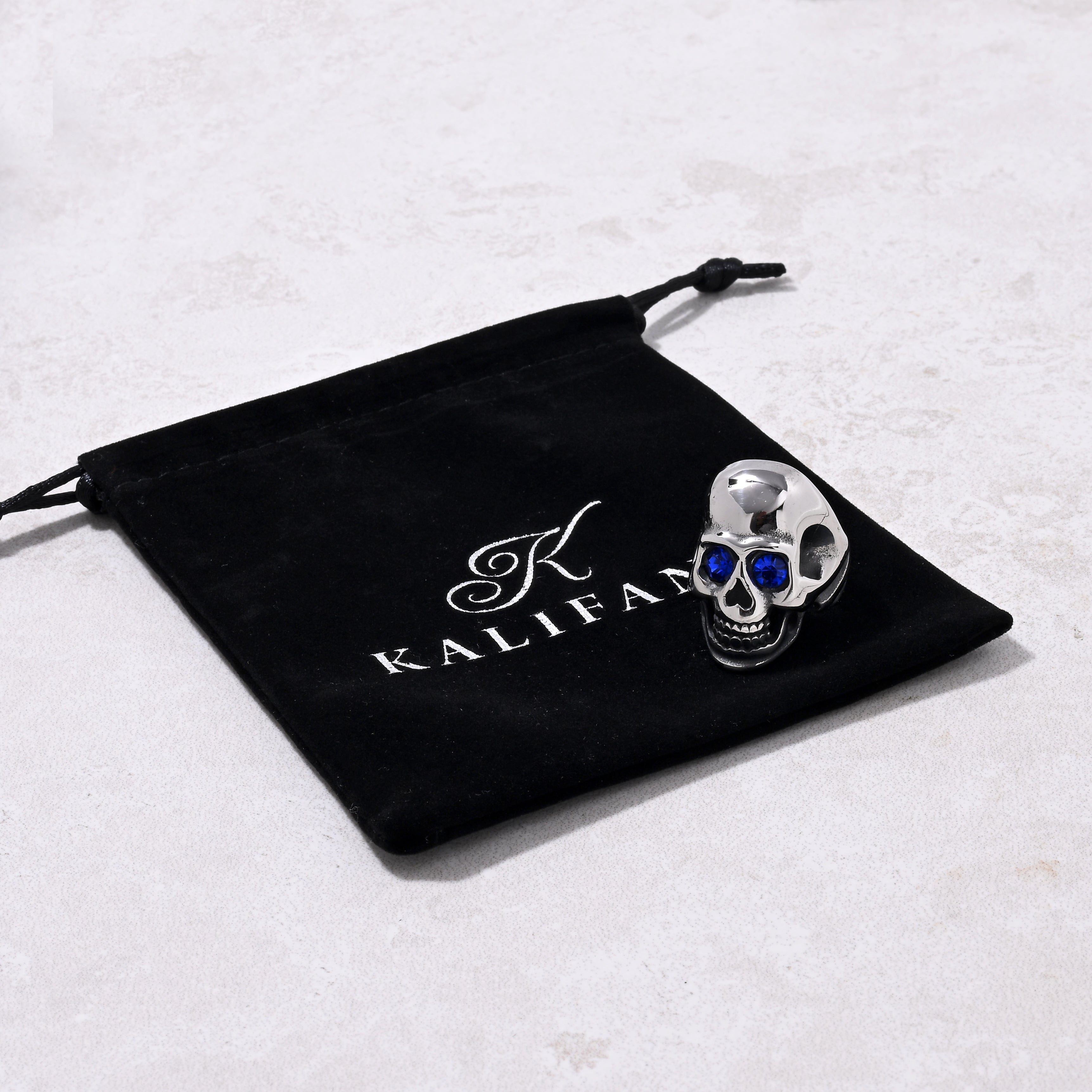 Kalifano Steel Hearts Jewelry Silver Punk Skull Sapphire Glass Ring