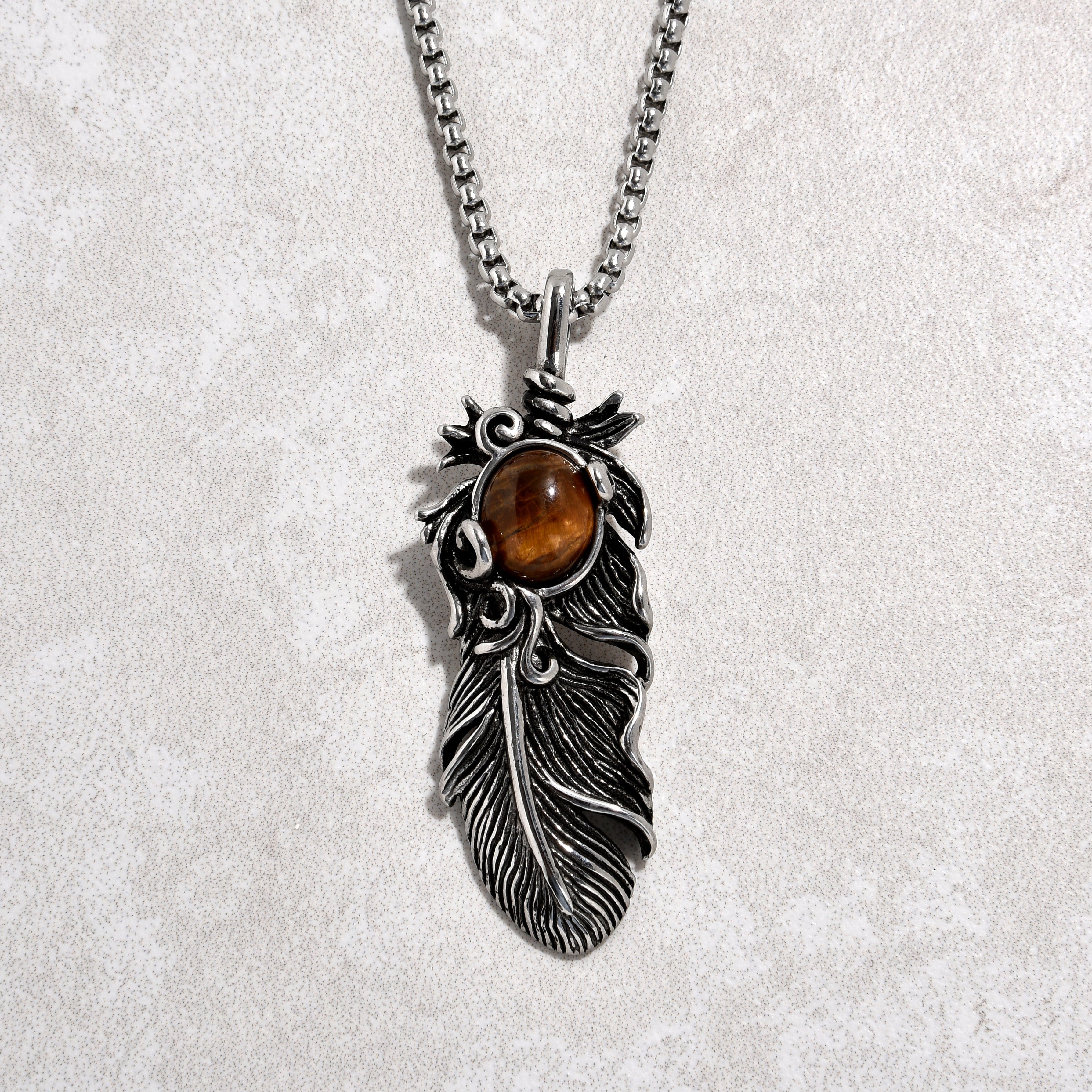 Kalifano Steel Hearts Jewelry Silver Tiger Eye Feather Steel Hearts Necklace SHN512S-TE