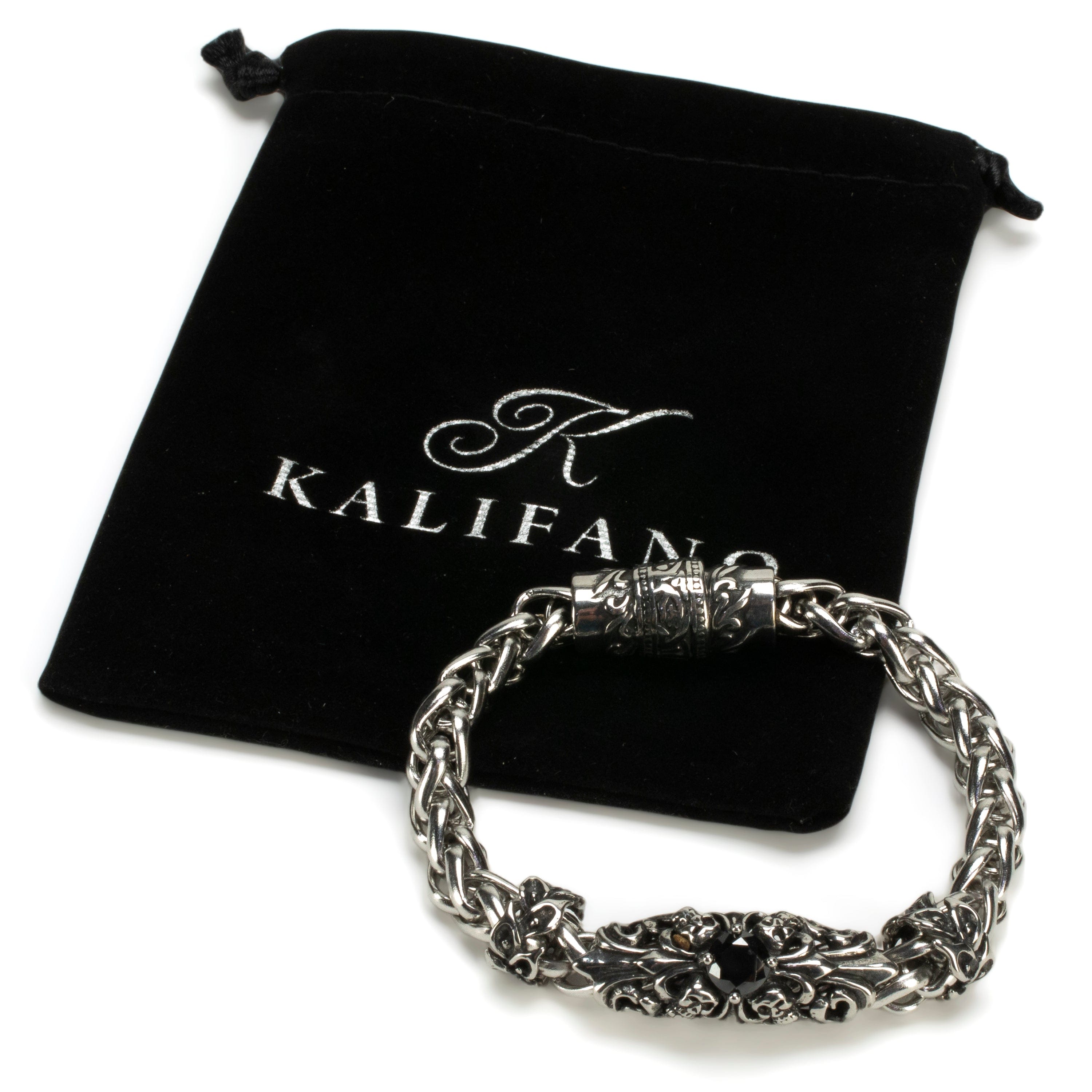 Kalifano Steel Hearts Jewelry Stainless Steel Bracelet Cross with Black Crystal PLAT-BSS-12