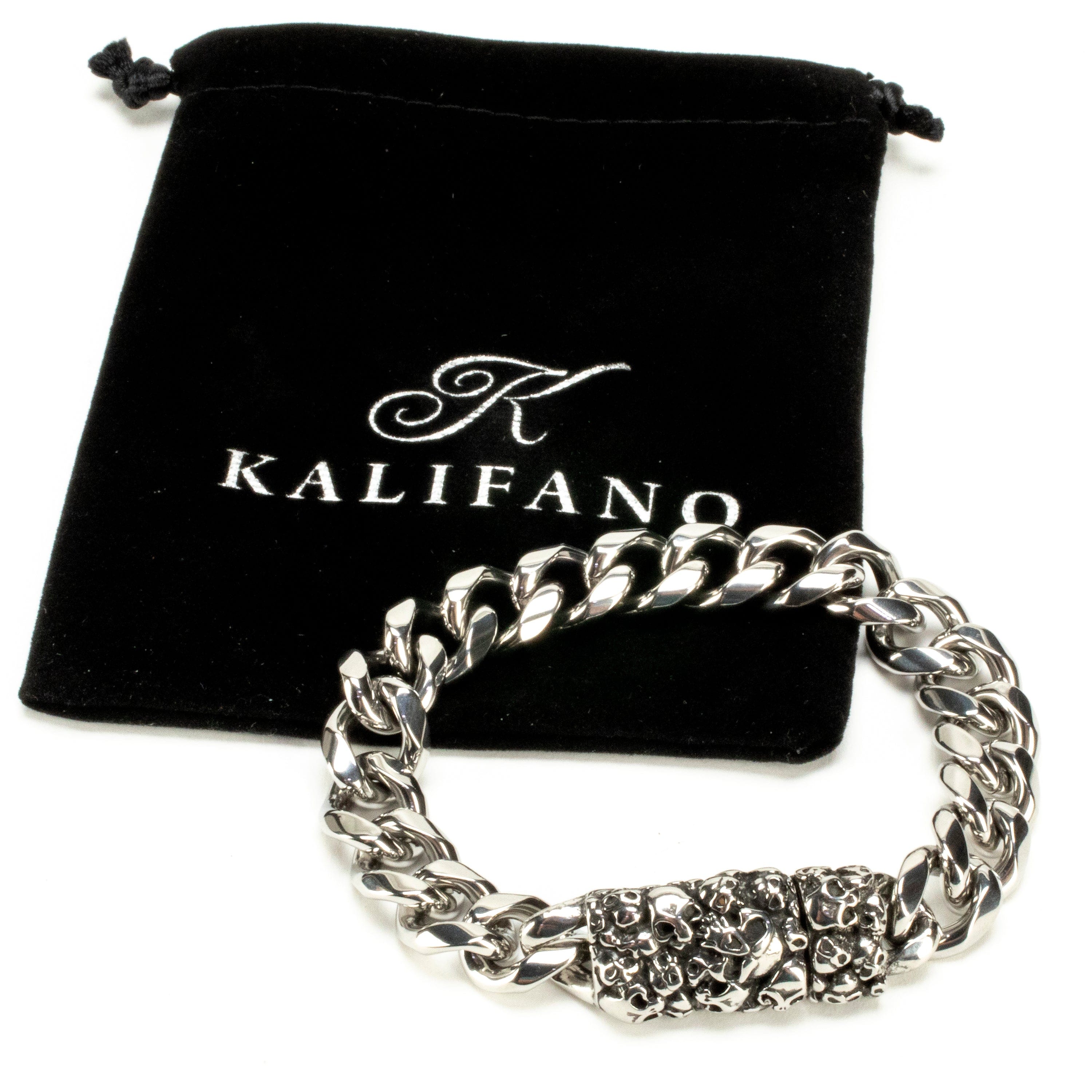 Kalifano Steel Hearts Jewelry Stainless Steel Link Bracelet with Skulls PLAT-BSS-02
