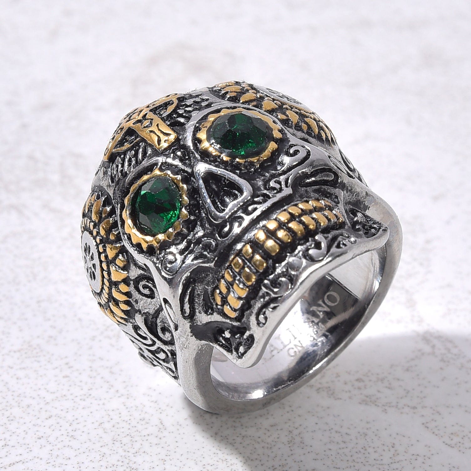 Kalifano Steel Hearts Jewelry Two Tone Skull with syn Emerald Steel Hearts Ring