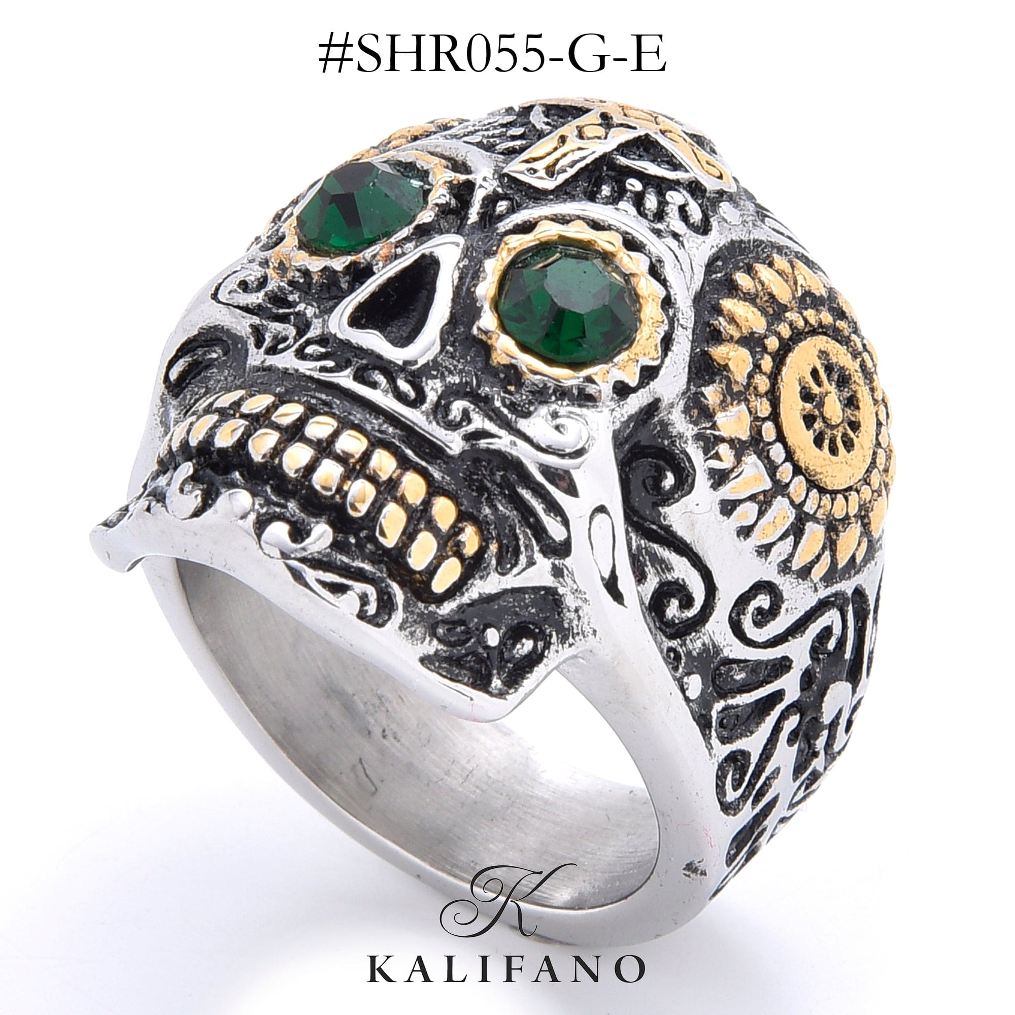 Kalifano Steel Hearts Jewelry Two Tone Skull with syn Emerald Steel Hearts Ring