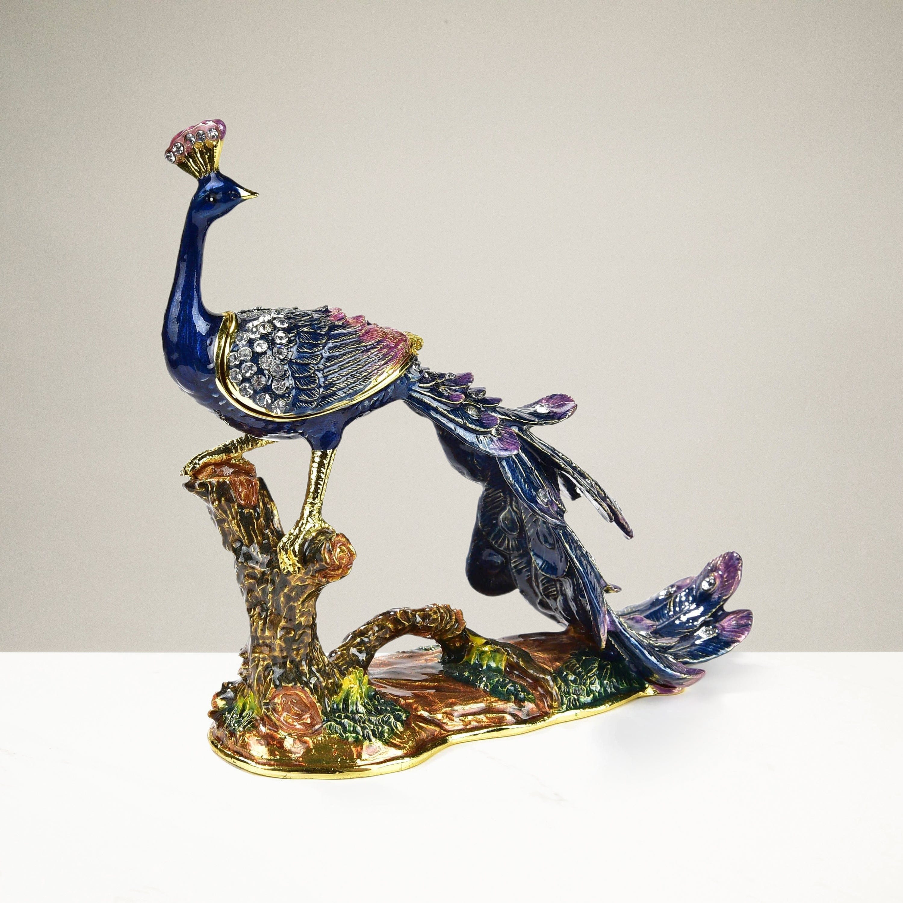 Kalifano Vanity Figurine Peacock on Branch Figurine Keepsake Box made with Crystals SVA-062