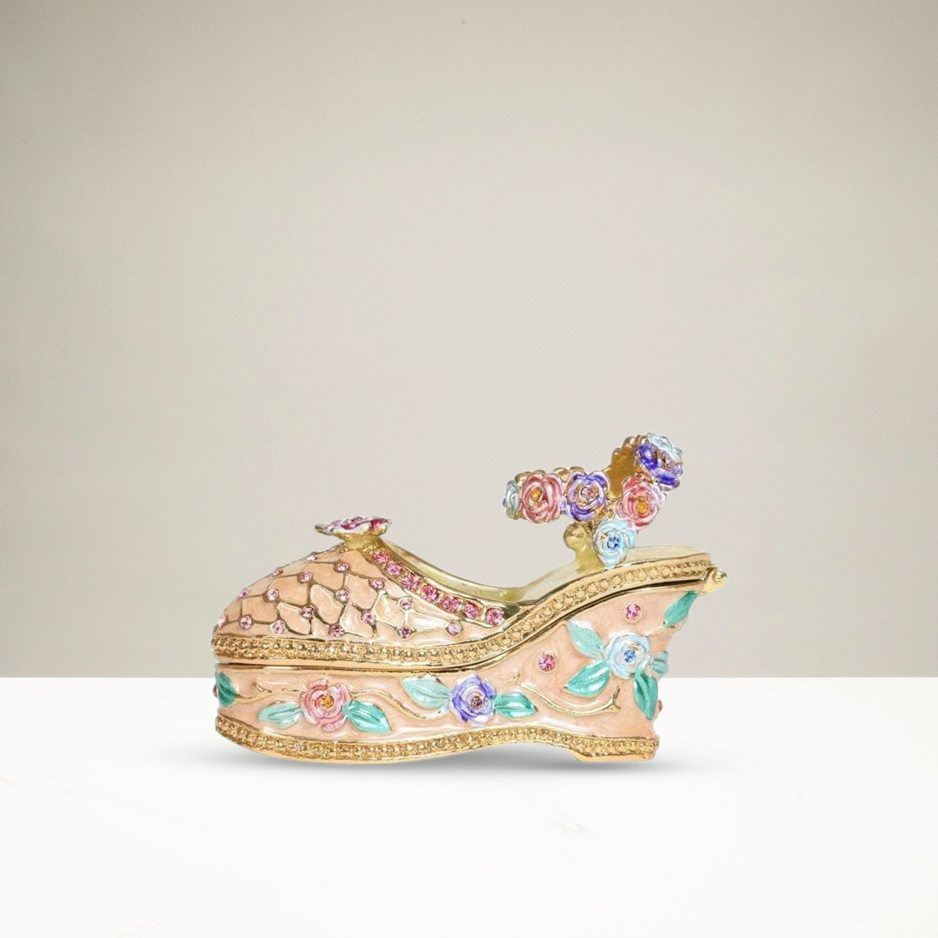 Kalifano Vanity Figurine Pink and Beige Shoe Figurine Keepsake Box with Swarovski Crystals SVA-014