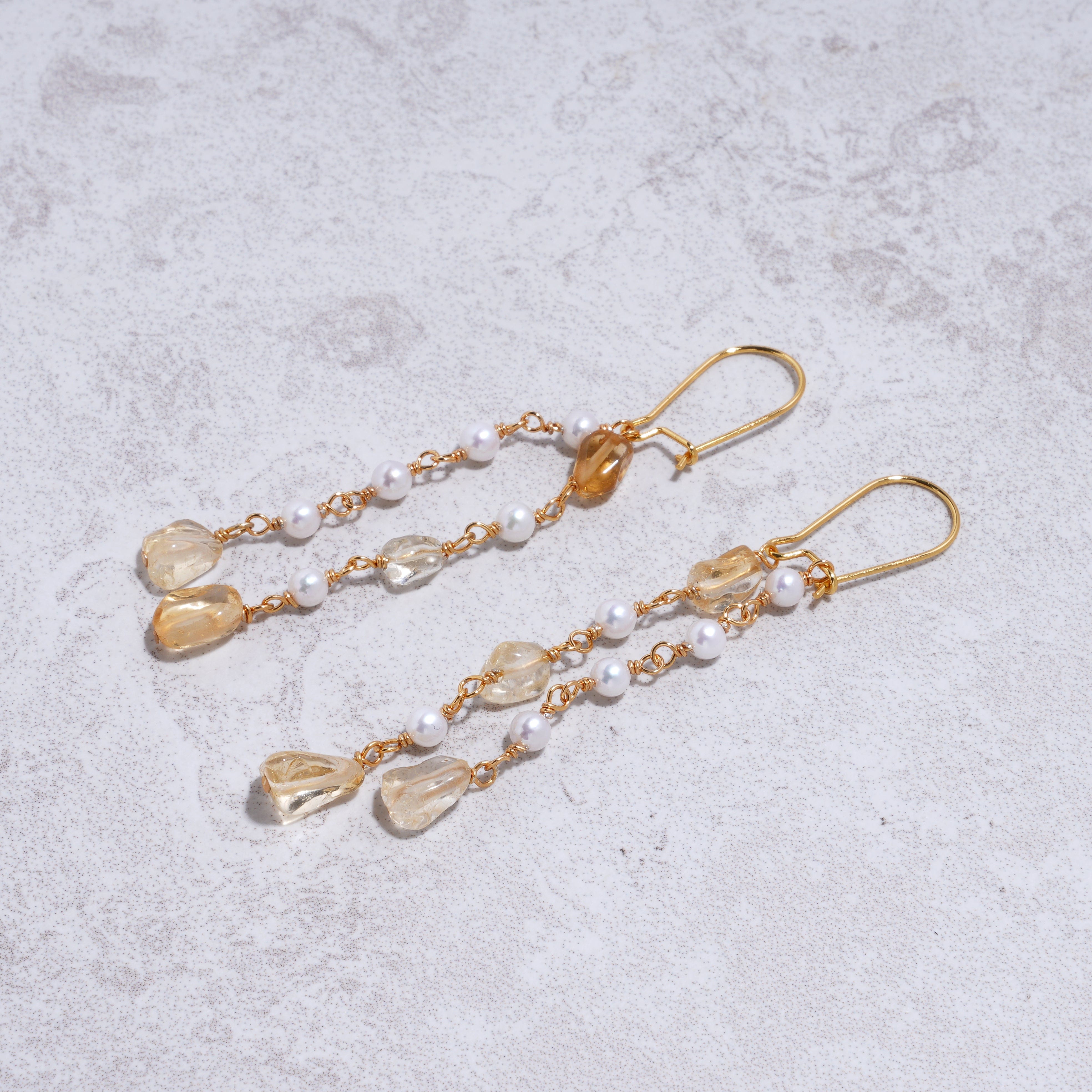 Citrine & Freshwater Pearl Dangle Earrings – 24K Gold Plated