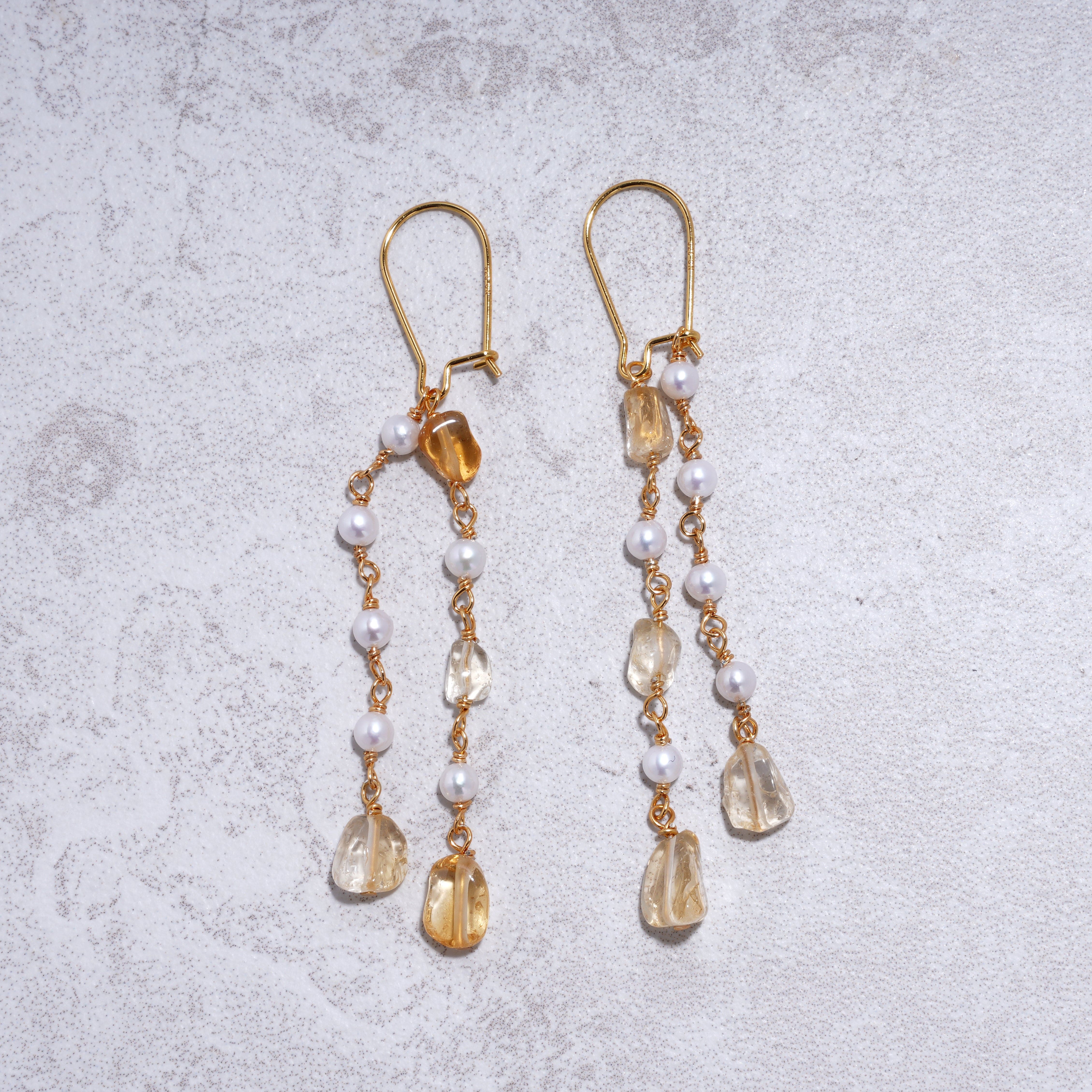 Citrine & Freshwater Pearl Dangle Earrings – 24K Gold Plated