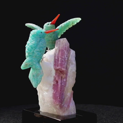 Peter Muller Amethyst Macaw Couple Love Birds Carving on Watermelon Tourmaline Base