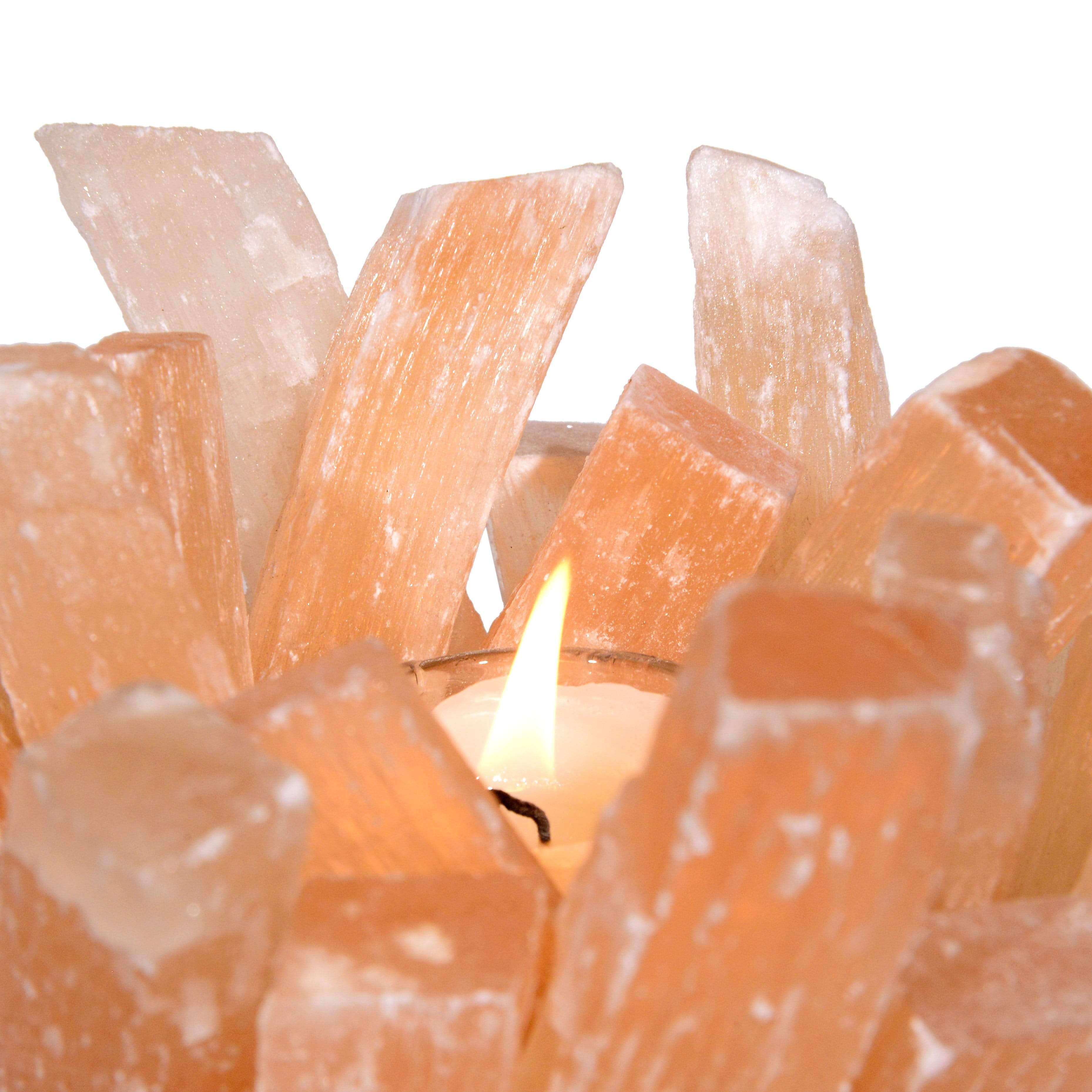 Kalifano Candle Holders Natural Peach Selenite Cluster Crystal Tealight Candle Holder GCH-13