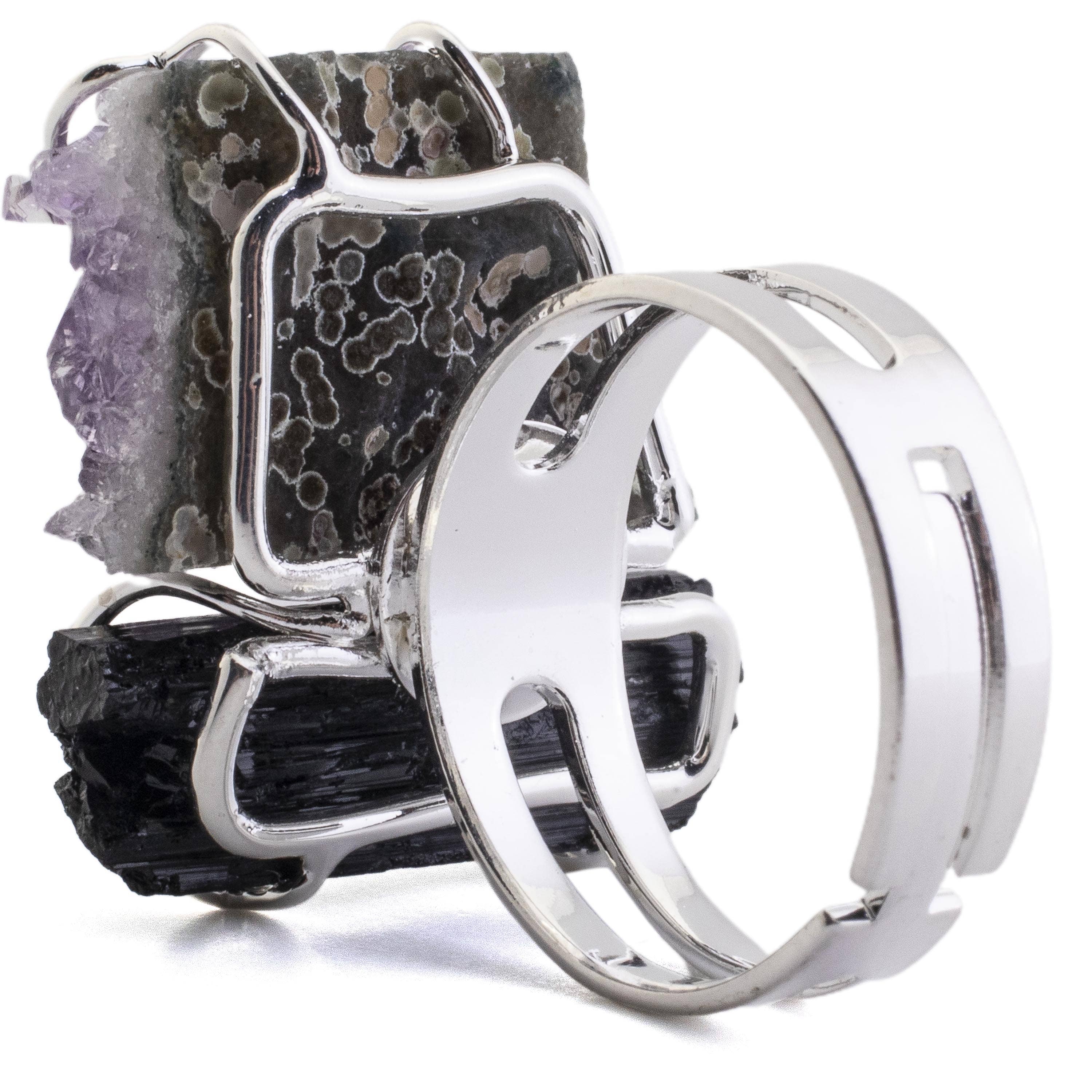 Kalifano Crystal Jewelry Amethyst and Black Tourmaline Adjustable Ring CJR-507-A+T