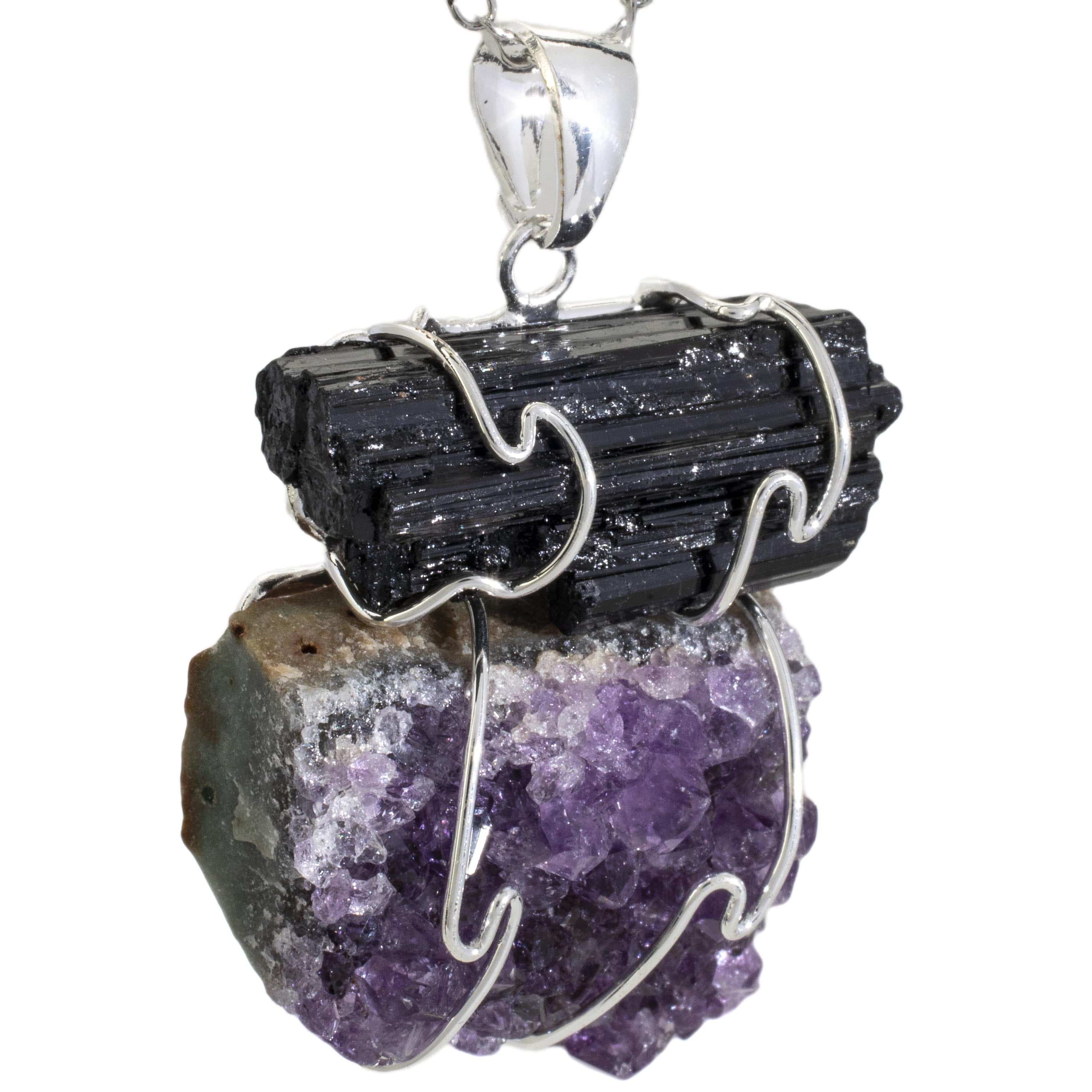 Kalifano Crystal Jewelry Amethyst and Black Tourmaline Pendnant on Chain CJN-2-A+T