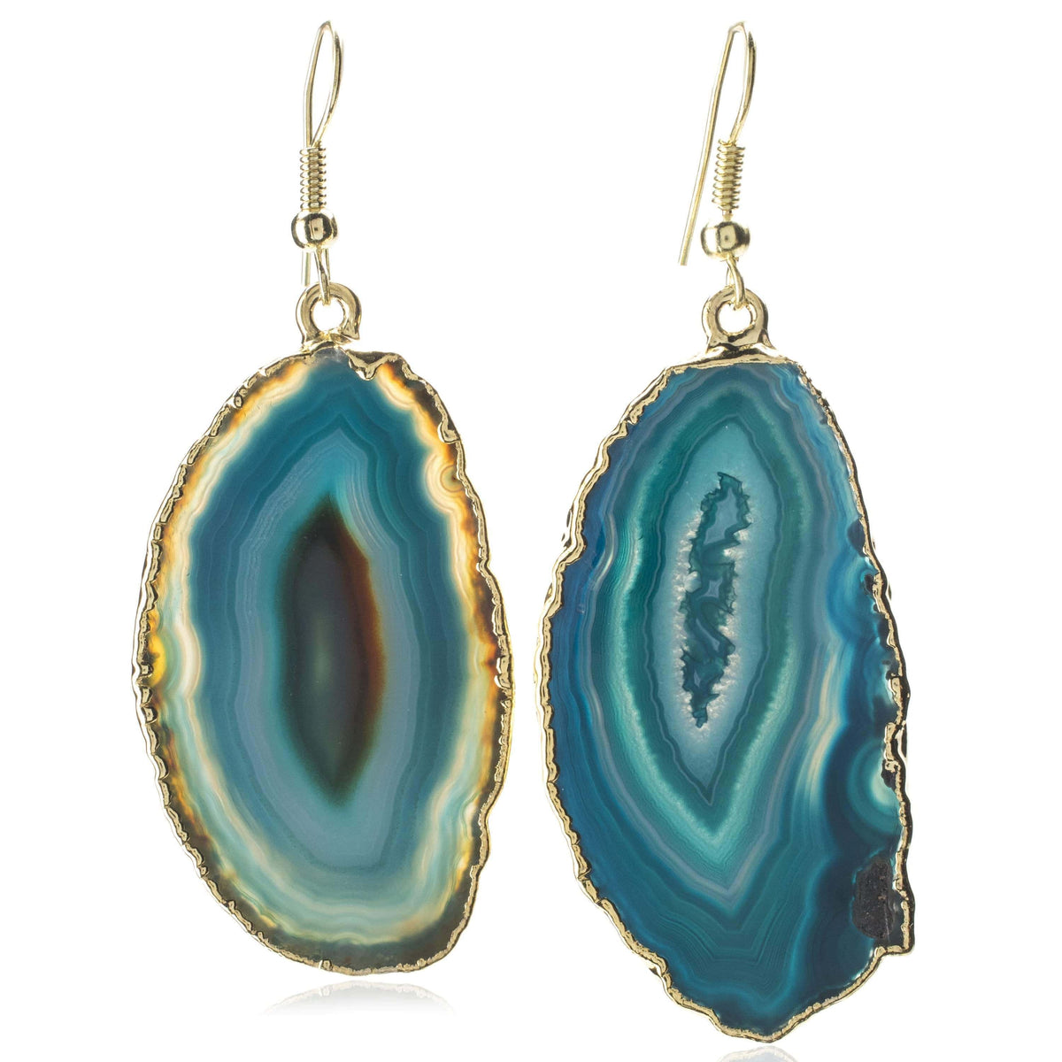 Kalifano Crystal Jewelry Blue Agate Healing Stone Slice Earrings with Gold Plating CJEG60-BE