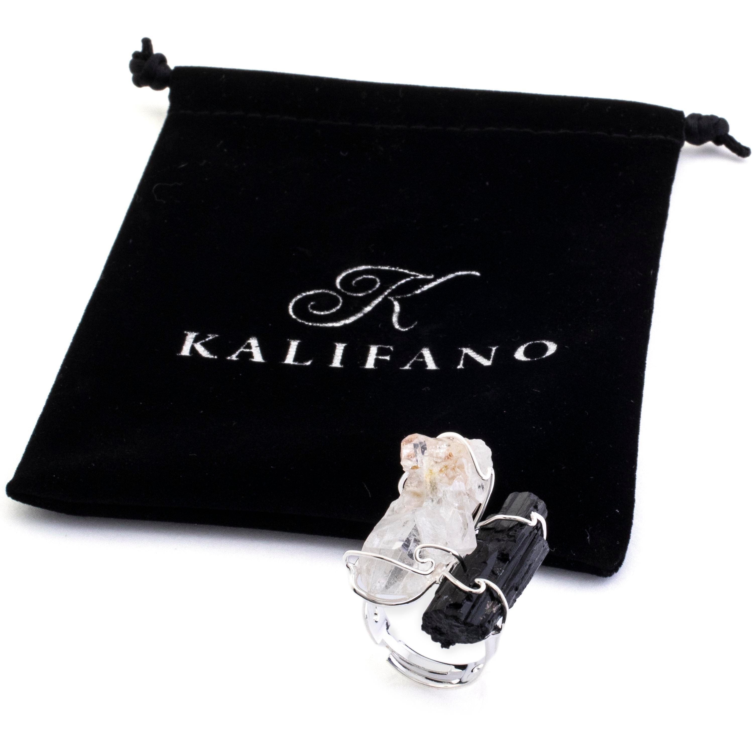 Kalifano Crystal Jewelry Clear Quartz and Black Tourmaline Adjustable Ring CJR-507-Q+T