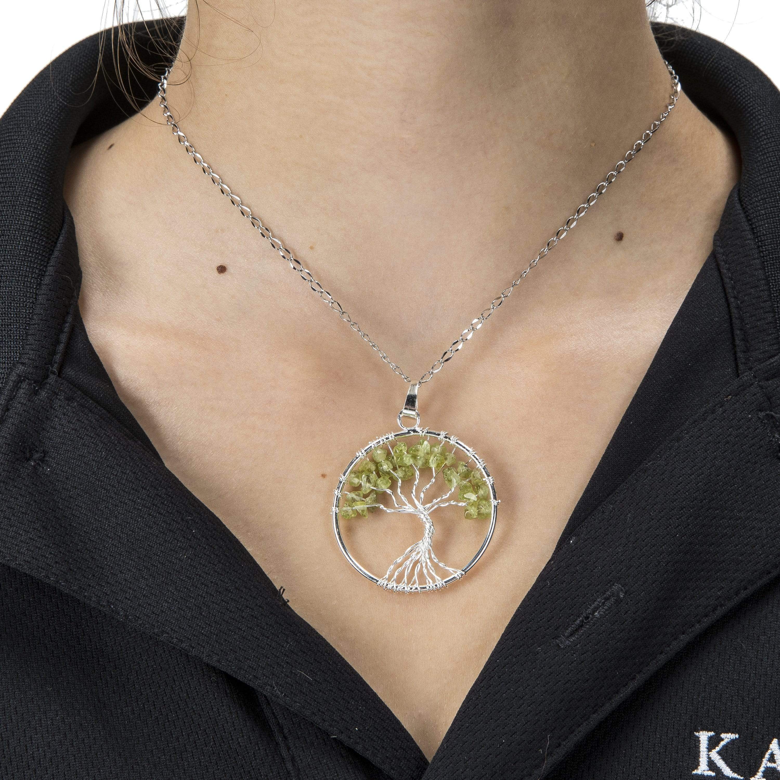 Kalifano Crystal Jewelry Peridot Chakra Gemstone Tree of Life Necklace & Stainless Steel Chain CJCN20-PGR