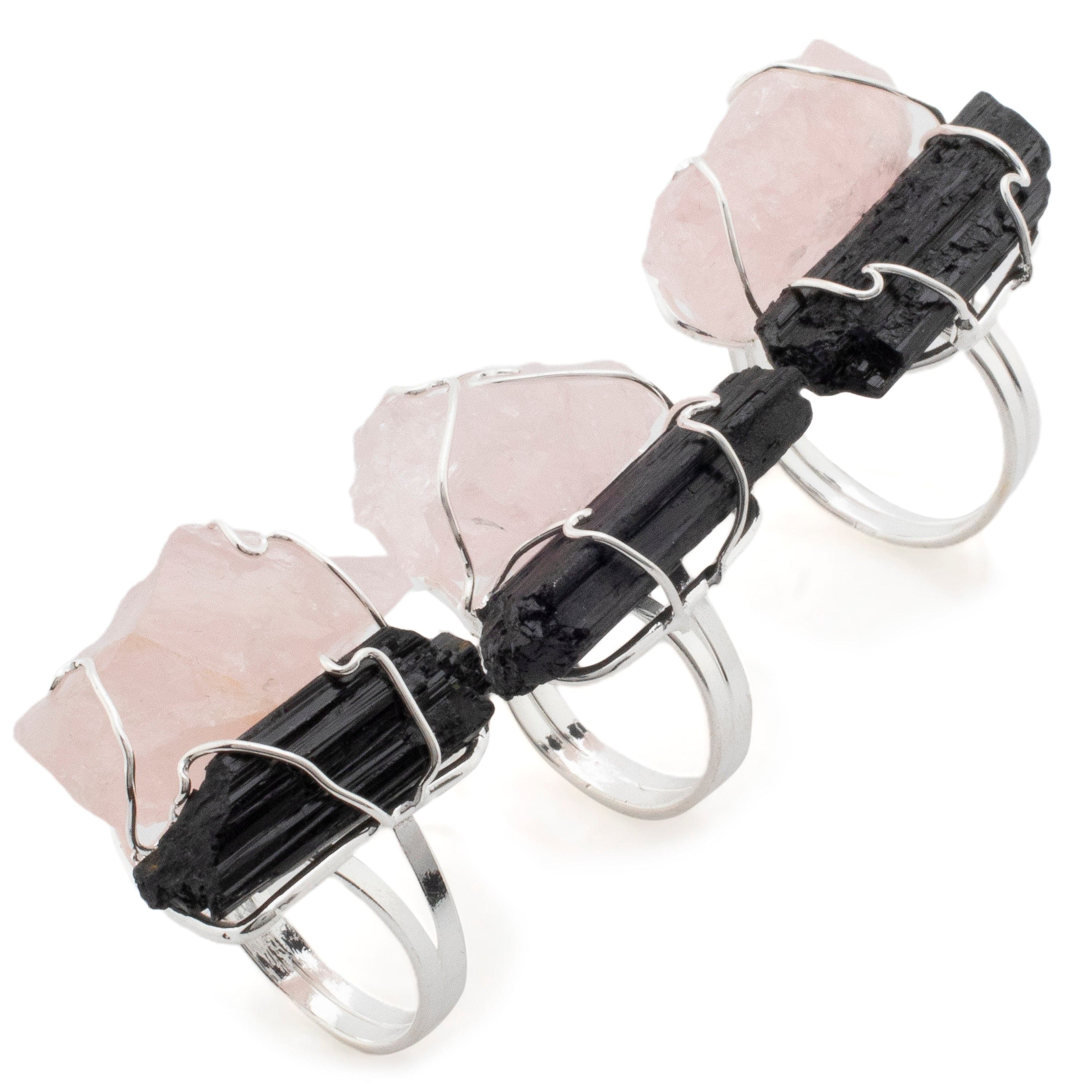 Kalifano Crystal Jewelry Rose Quartz and Black Tourmaline Adjustable Ring CJR-507-R+T