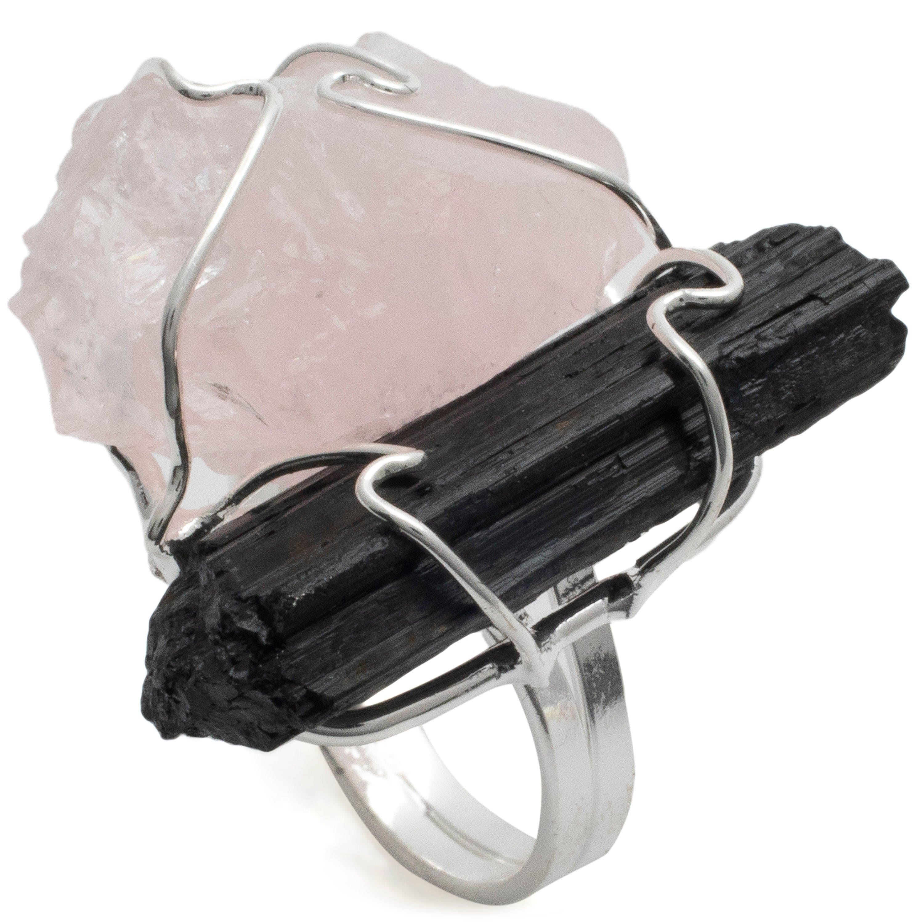 Kalifano Crystal Jewelry Rose Quartz and Black Tourmaline Adjustable Ring CJR-507-R+T