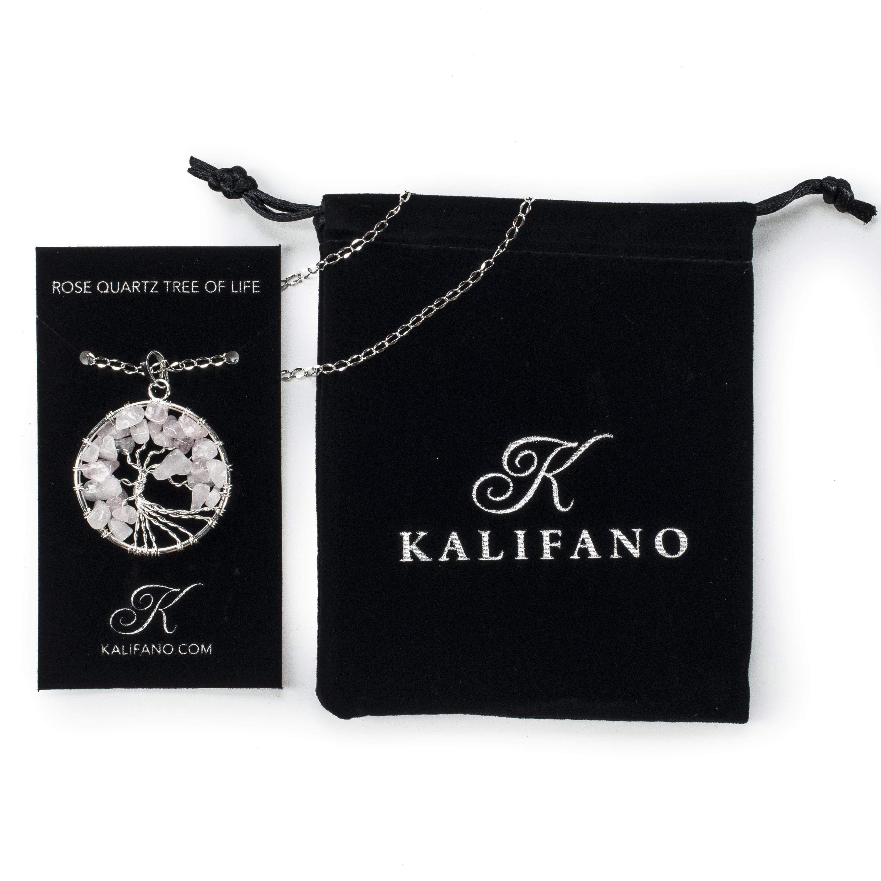 Kalifano Crystal Jewelry Rose Quartz Chakra Gemstone Tree of Life Necklace & Stainless Steel Chain CJCN20-RQ